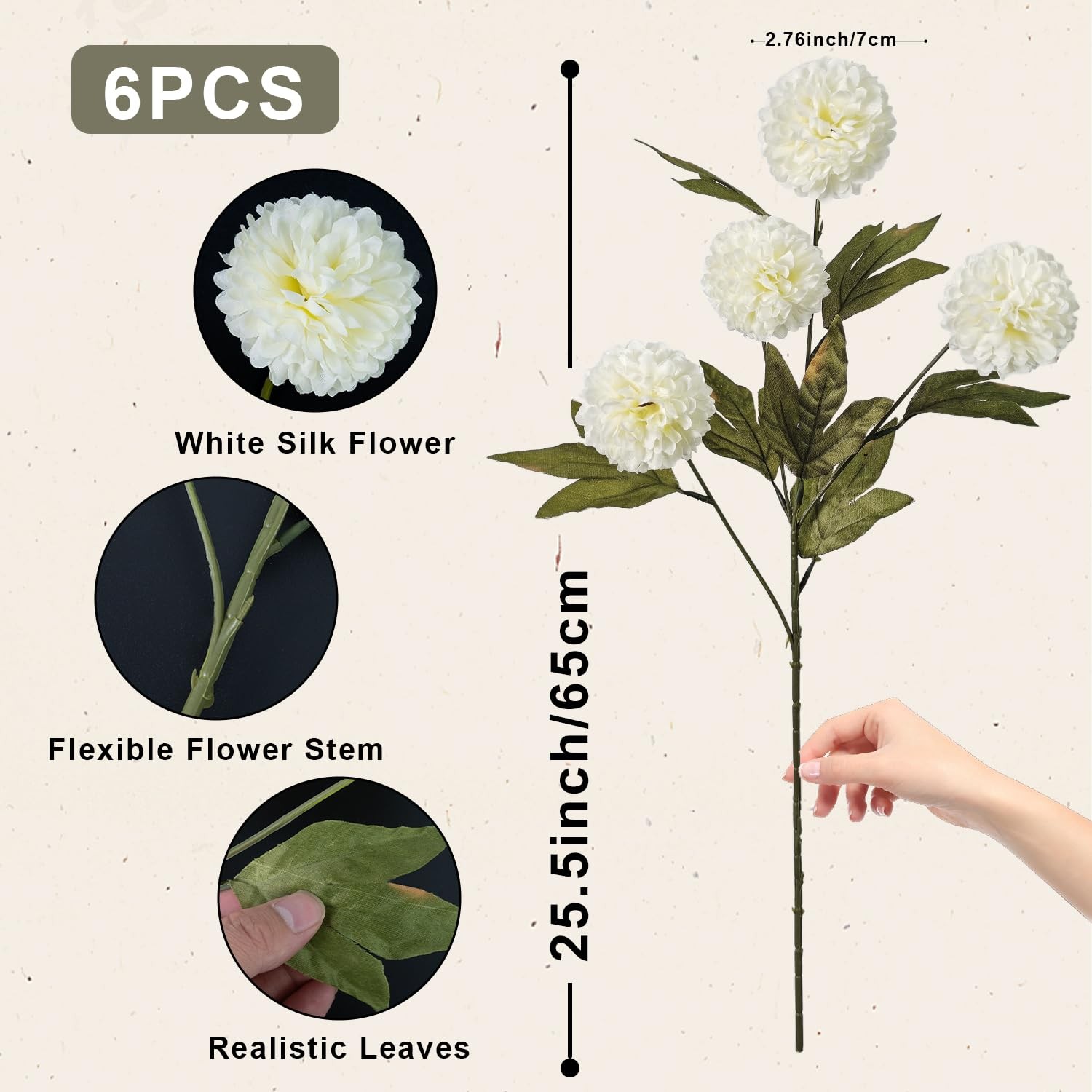 6PCS Long Stems Faux White Flowers Realistic Artificial Fall Flowers Indoor F…
