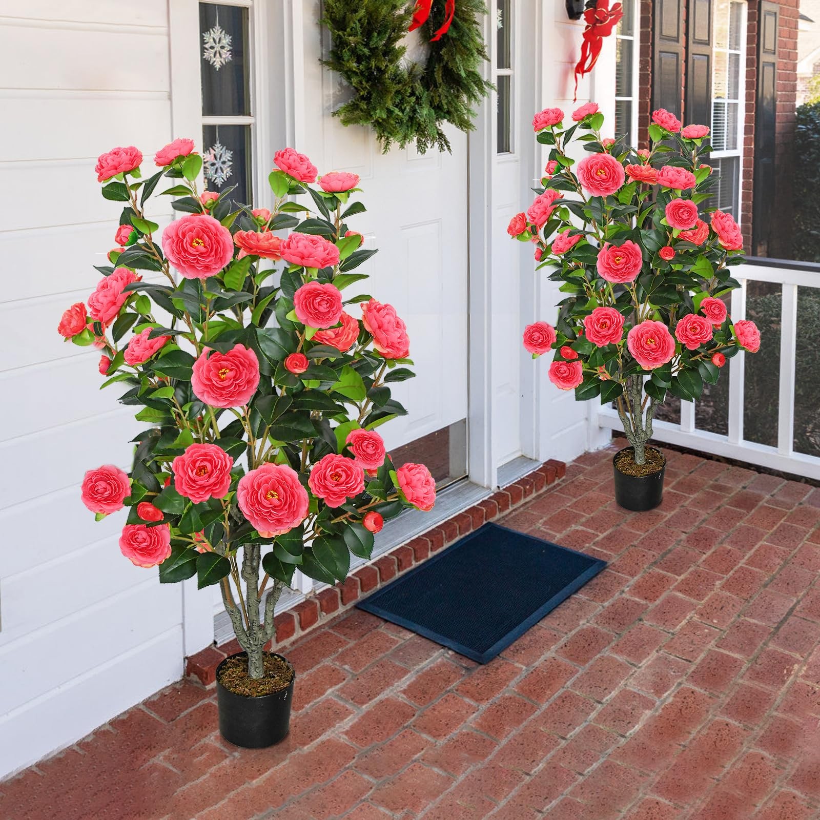 2 Pack 42″ Fake Tree Rose Pink Artificial Camellia Tree with 36 Blooming Flow…