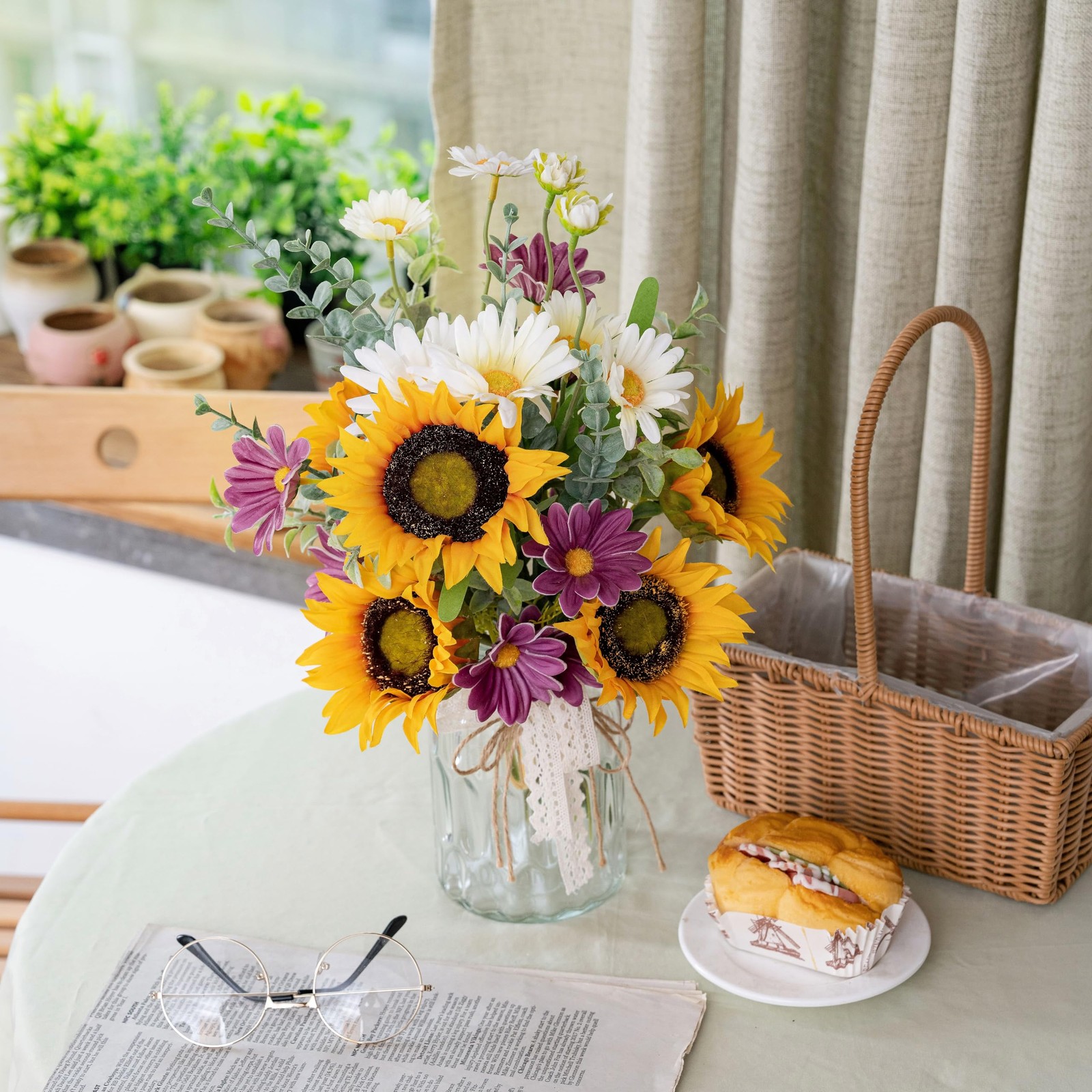Artificial Sunflower, Daisy Bouquet, Vase, Faux Flowers, Centerpiece, Decor