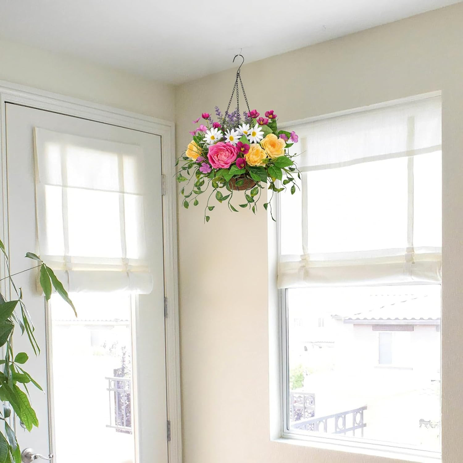 Faux Silk Flower Basket with Roses & Daisies for Outdoor Spring Decor