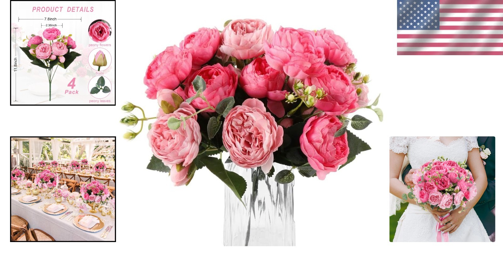 4 Bundles Realistic Silk Peonies Bouquet – Elegant Red & Pink Home Decor