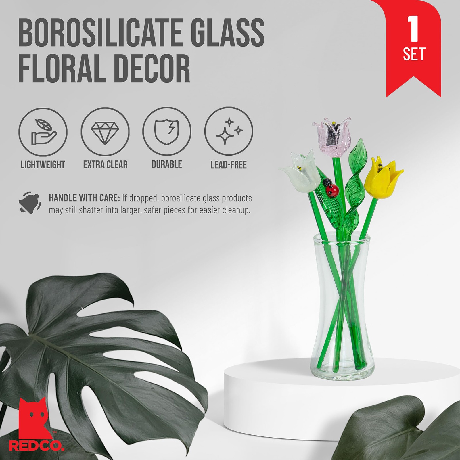 Decorative Glass Lovely Flower Bouquet with Vase, Gift Boxed – Spring Tulips