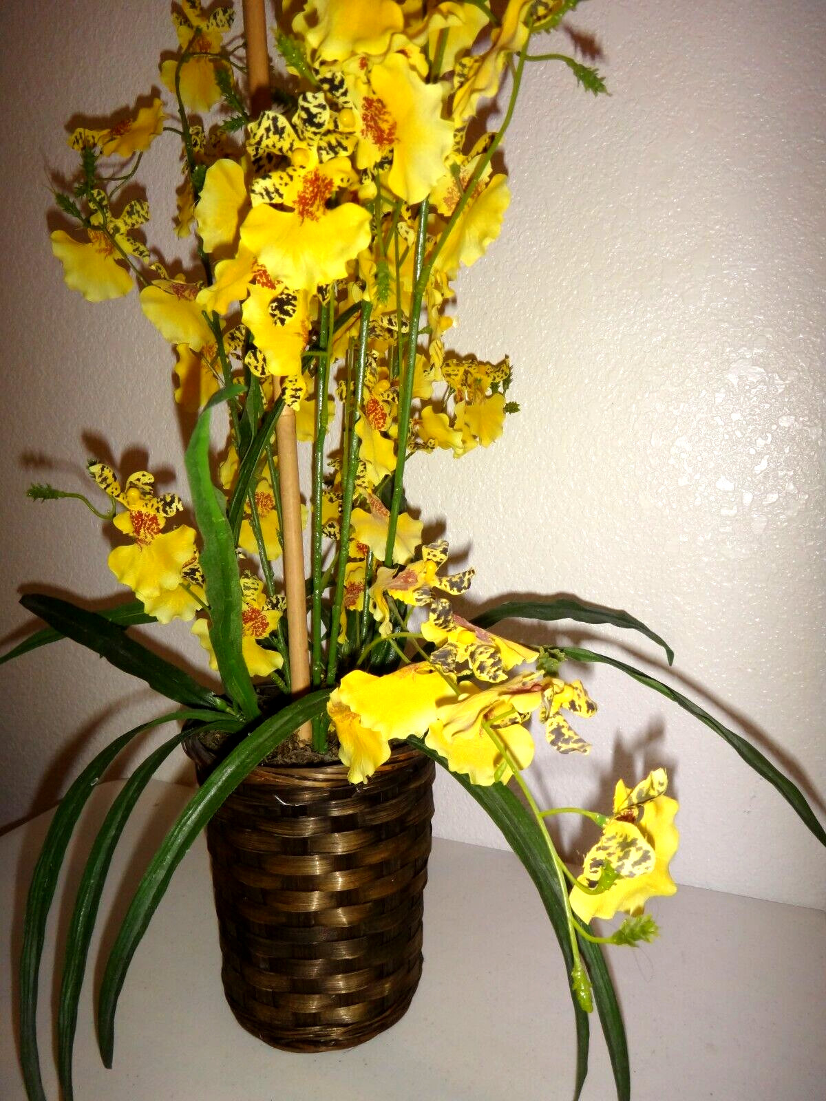 Decorative Artificial Yellow Flowers in Wood Basket Floral Décor Height 22″