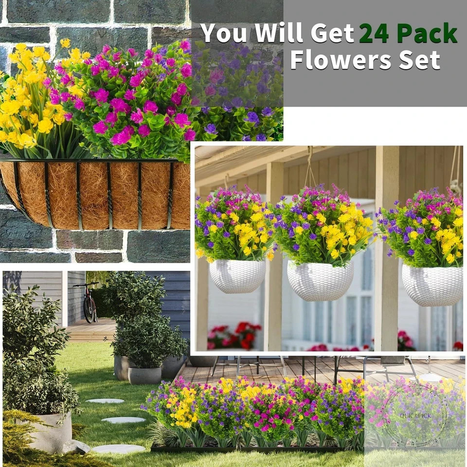 24 Bundles Artificial Flowers Outdoors Faux Plants UV Resistant Fake Flowers Fau