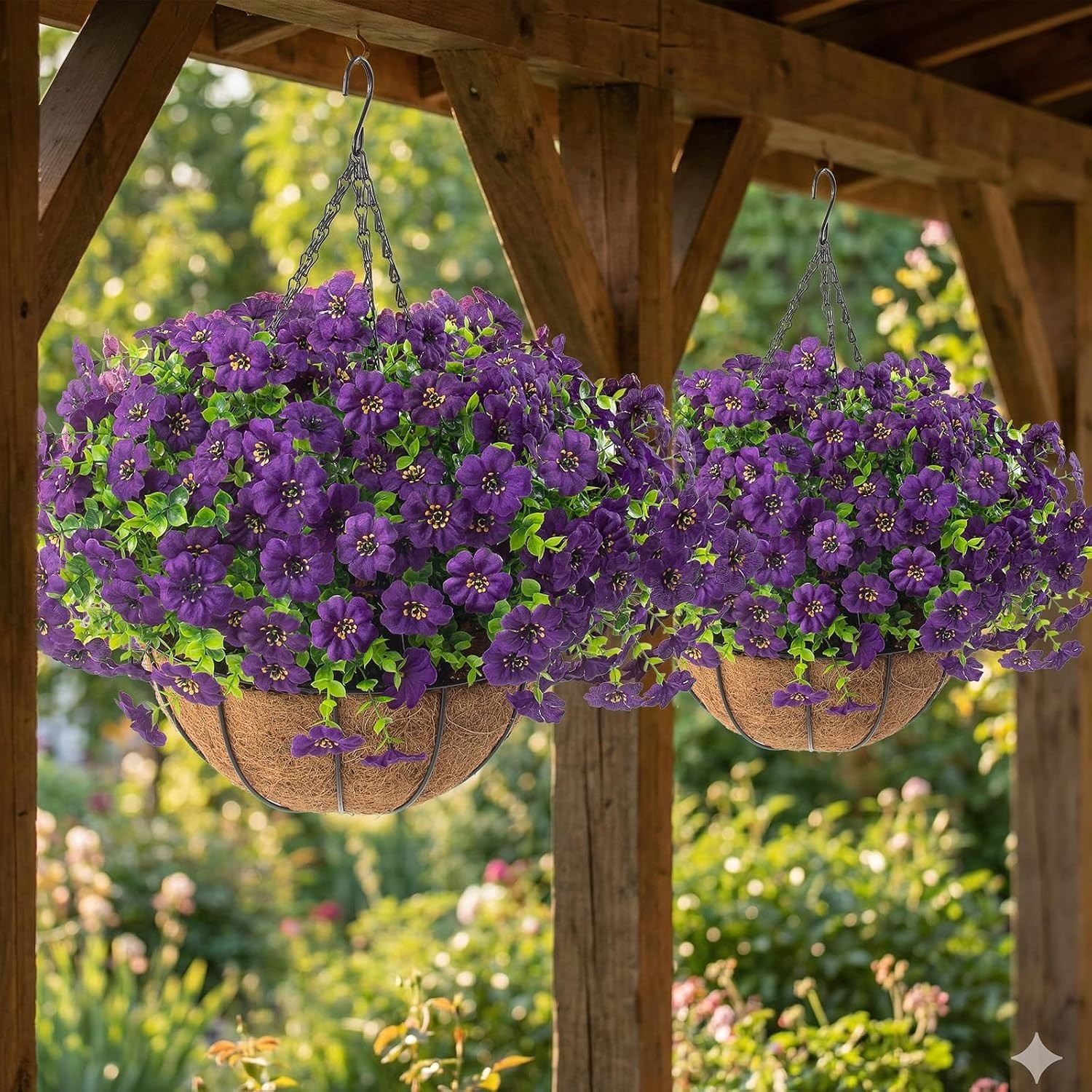 Vibrant Purple Artificial Outdoor Flower Baskets – Low Maintenance -Round Decor