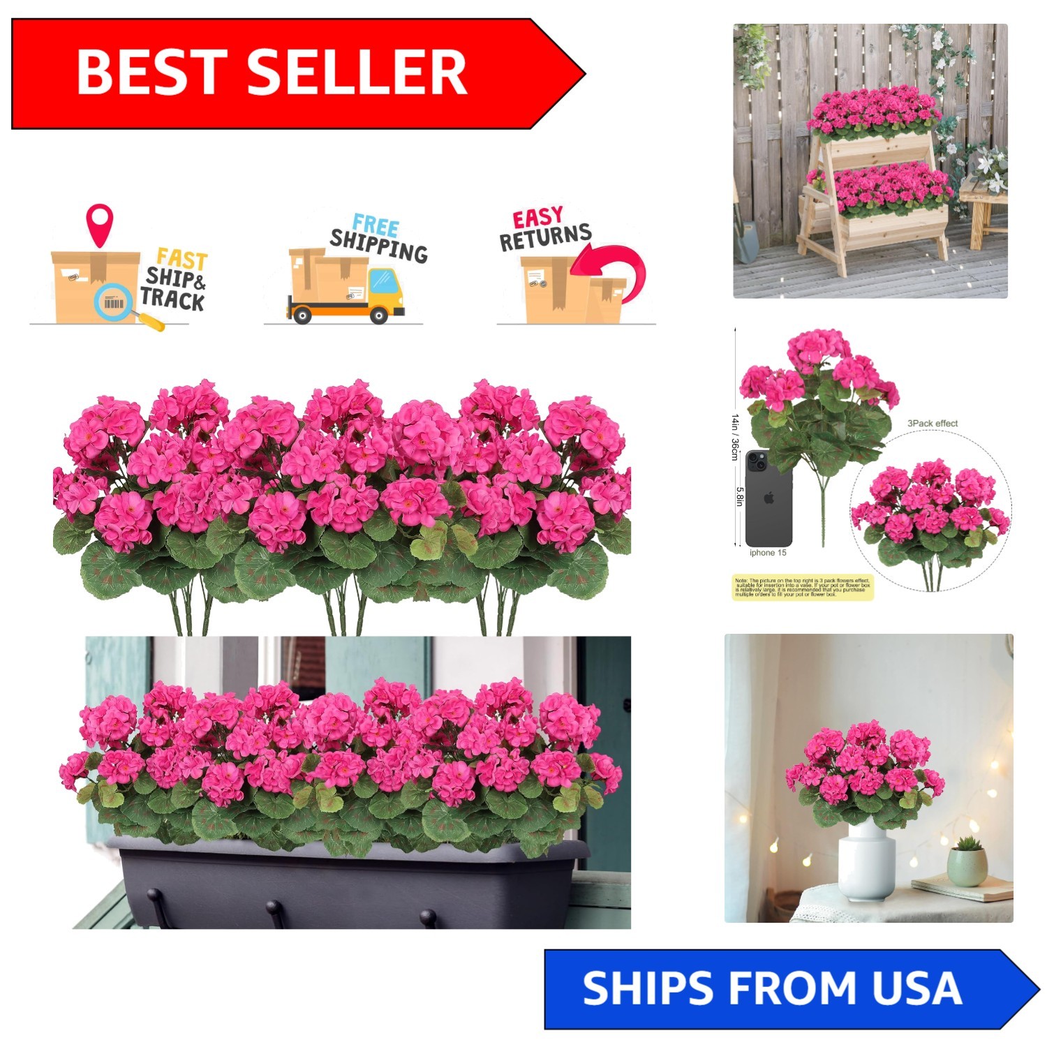 Realistic 3 Pack Geranium UV Resistant Flowers – Perfect for Outdoors & Indoors