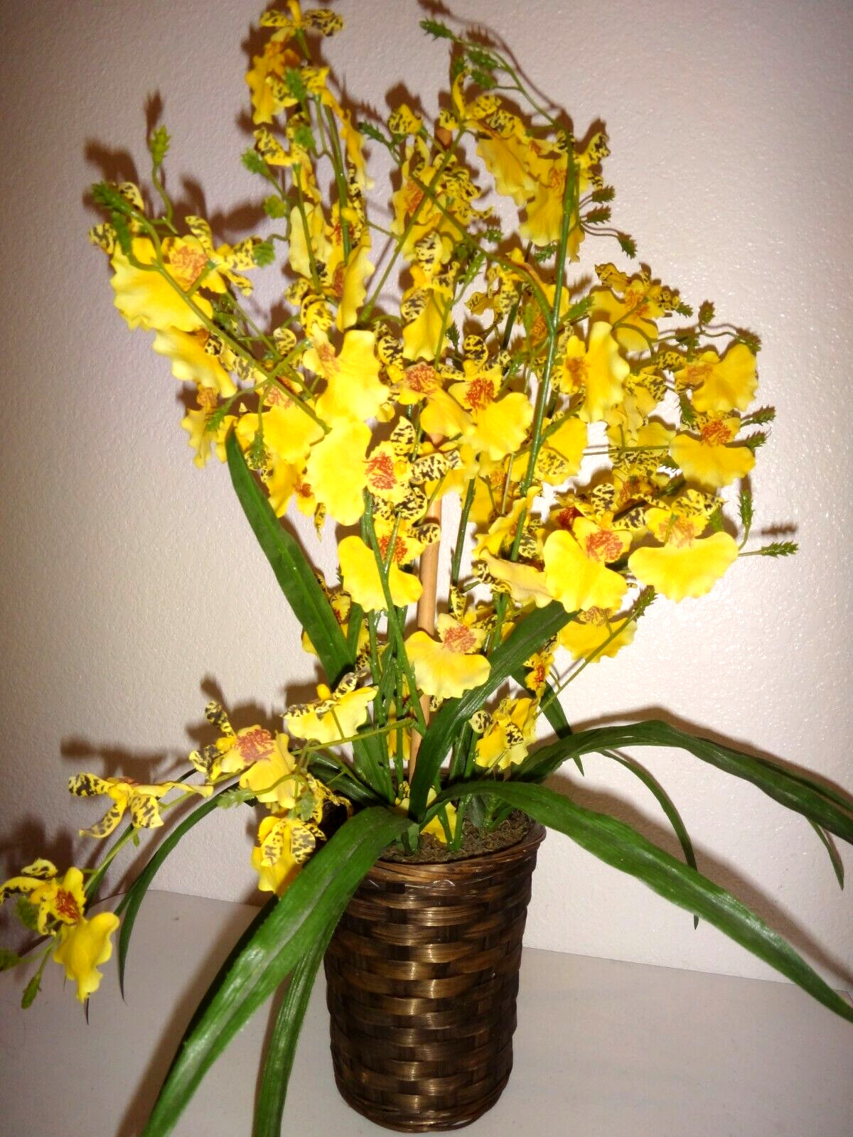 Decorative Artificial Yellow Flowers in Wood Basket Floral Décor Height 22″
