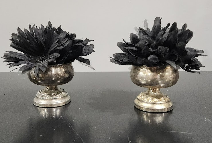 2 Old Silverplated footed bowls GOTHIC BLACK faux Floral arrangements DECOR 5″