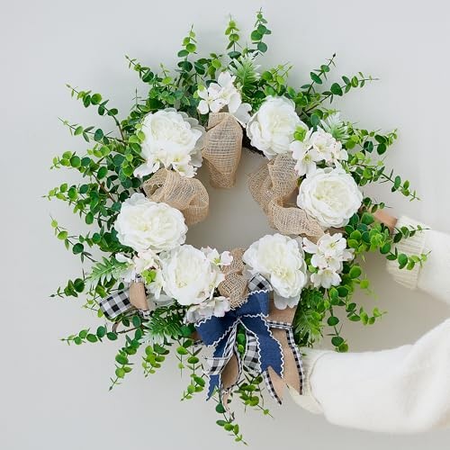 24″ Spring Peony & Eucalyptus Wreath for Front Door – Artificial Flowers White