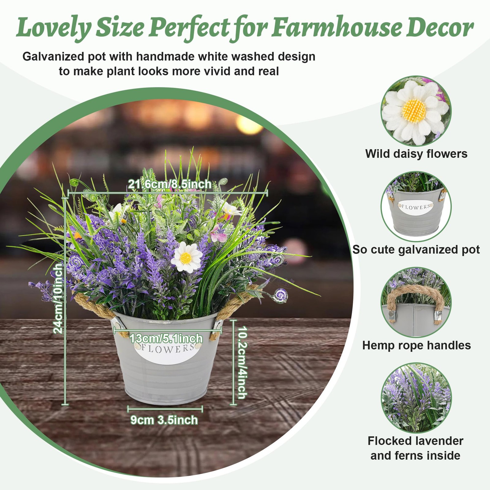 Artificial Lavender Plant 10″ Purple Flowers with White Daisy in Galvanized P…