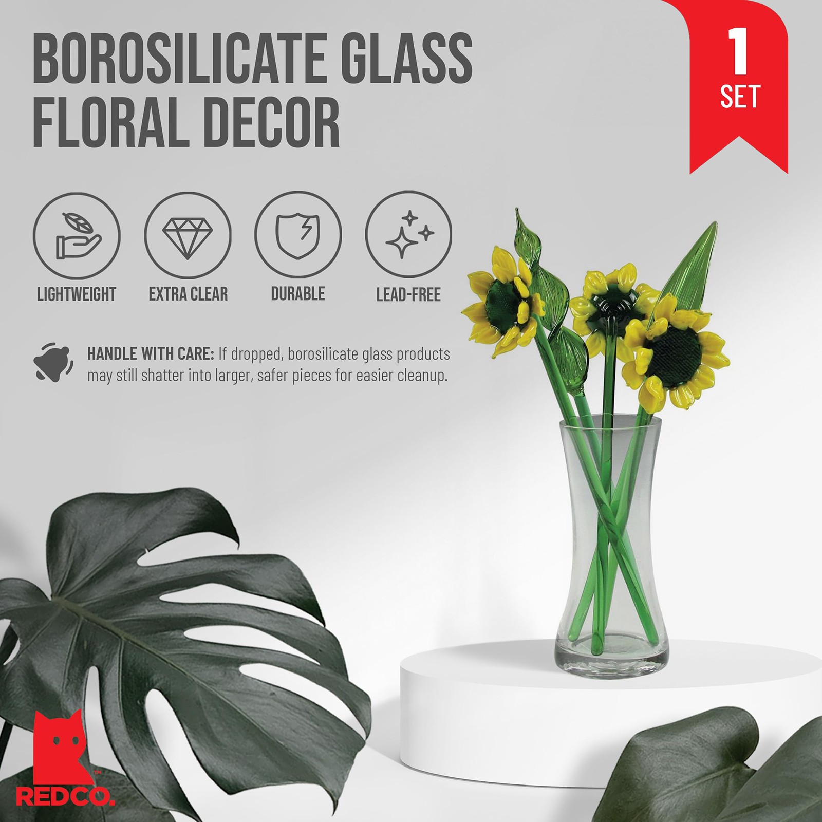 Decorative Glass Lovely Flower Bouquet with Vase, Gift Boxed – Sunflowers
