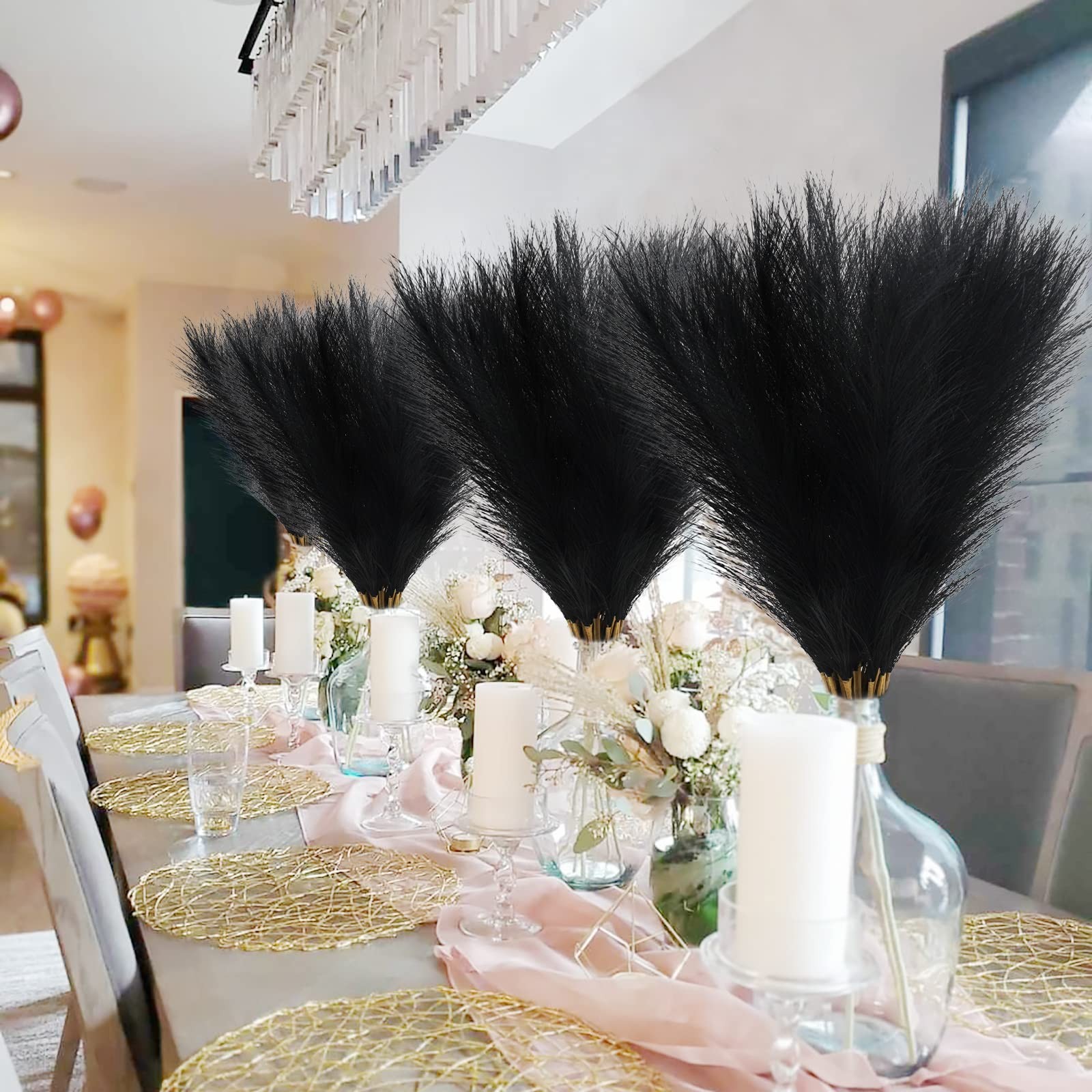 Faux Black Pampas Grass 21.6 Inch Short Artificial Pompous Branches 50 PCS
