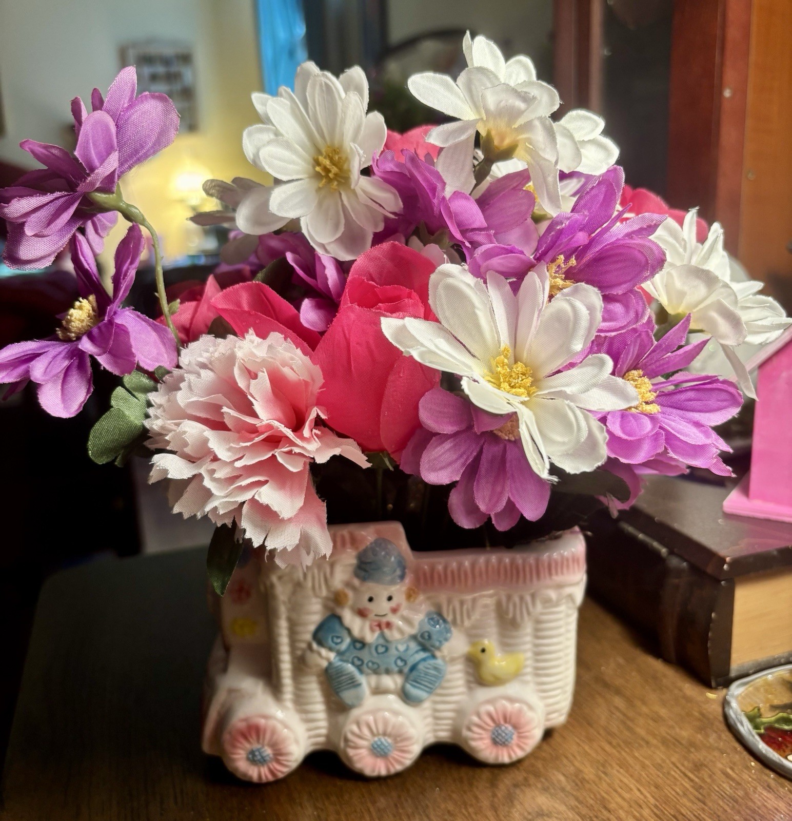 Baby shower floral arrangement decor With Cute Retro Clown Train Car Vase