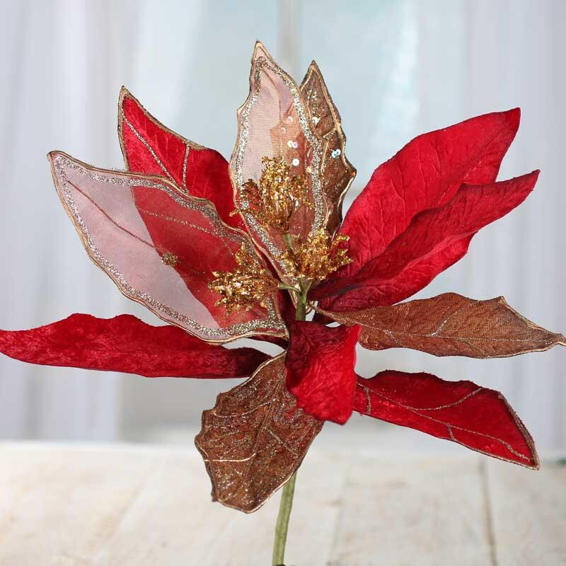 Red and Gold Velvet and Mesh Artificial 16″ Magnolia Leaf Stem