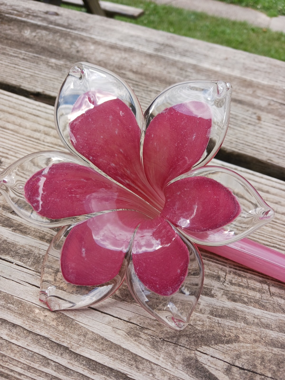 Large 17″ Blown Glass Pink Flower One Petal Chipped