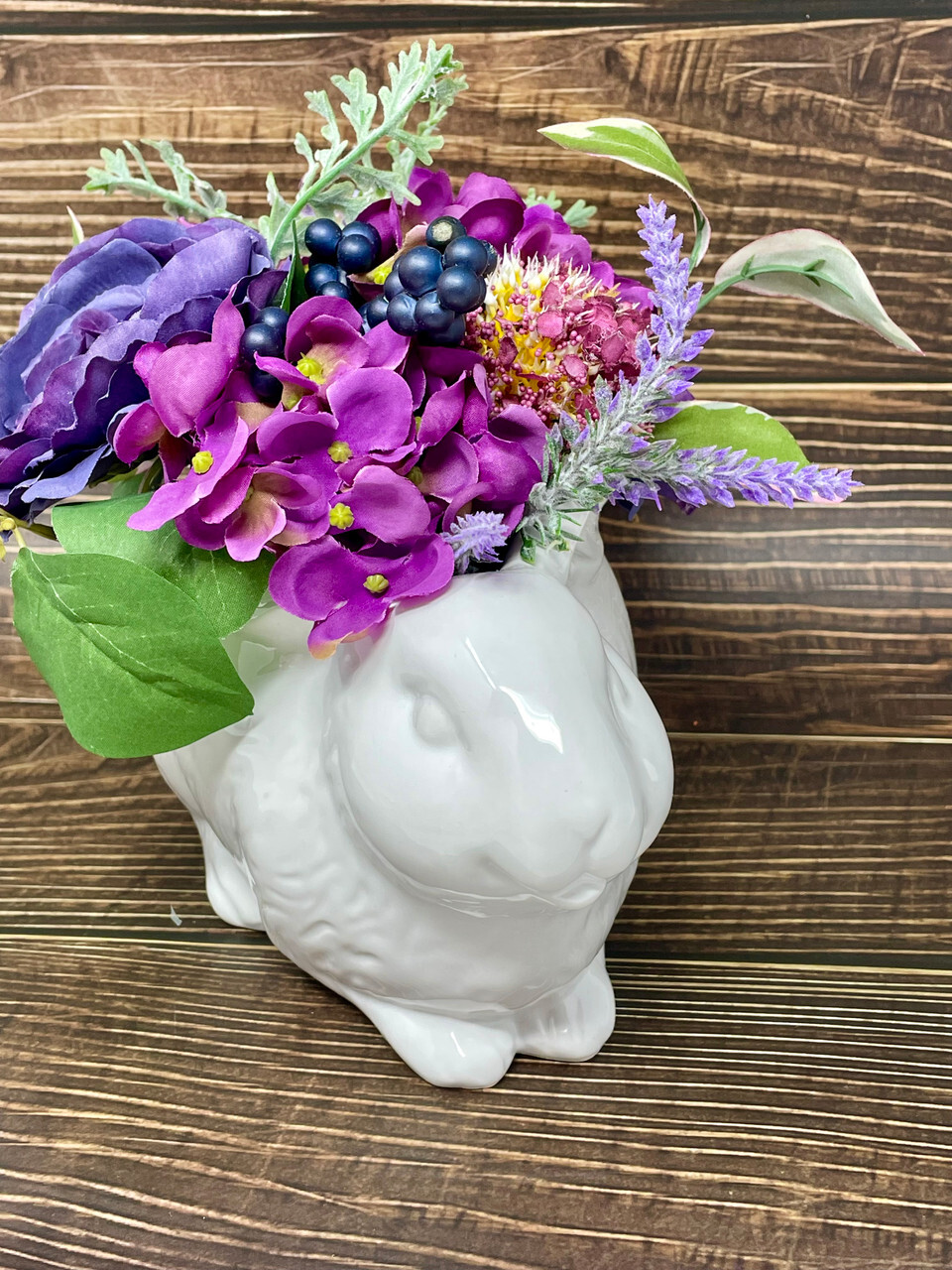 10″ Purple-Violet Blue silk Flower arrangement in White Ceramic Bunny Rabbit pla