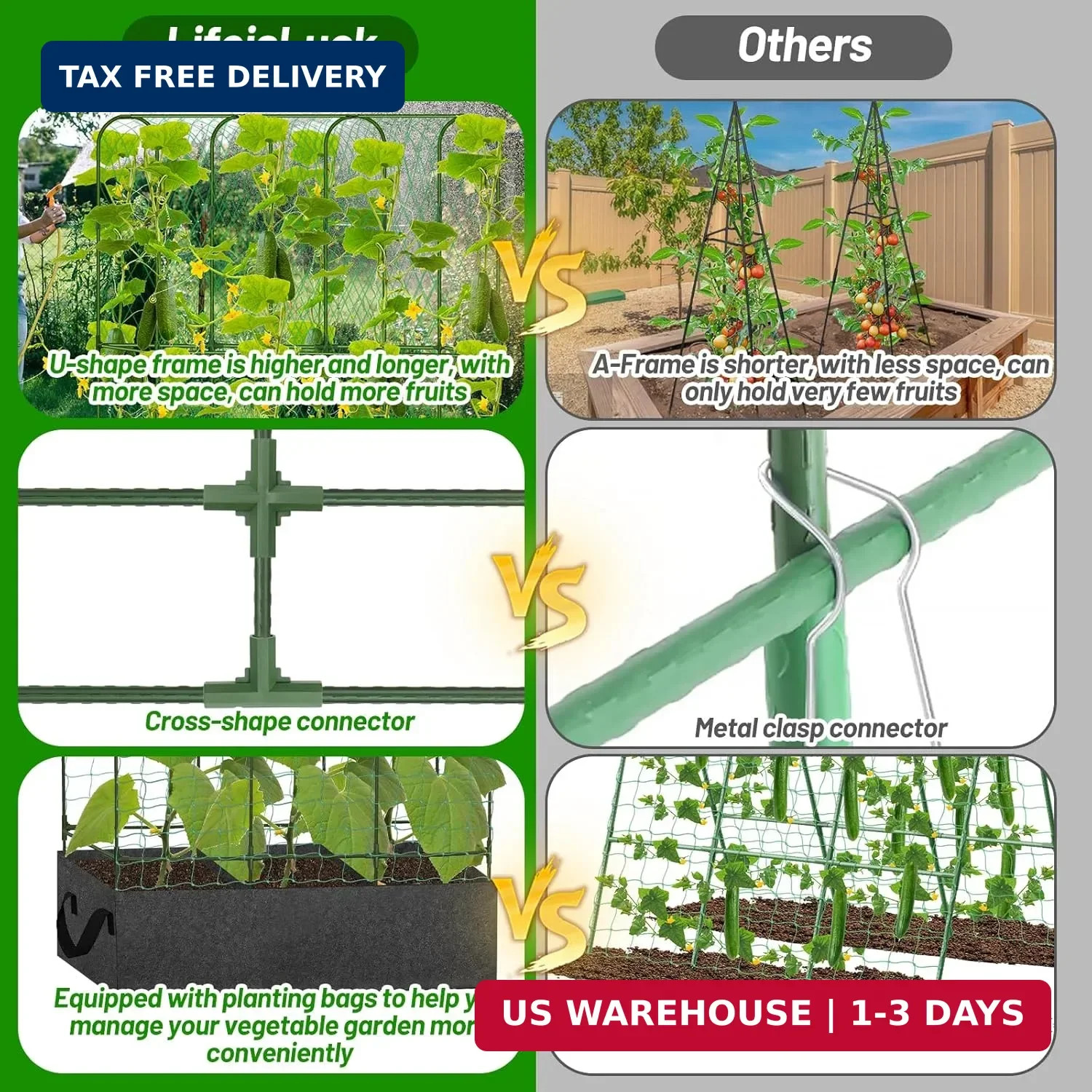 U-Shape Cucumber Trellis with Fabric Raised Garden Bed 65×50 Inch Metal Garden A