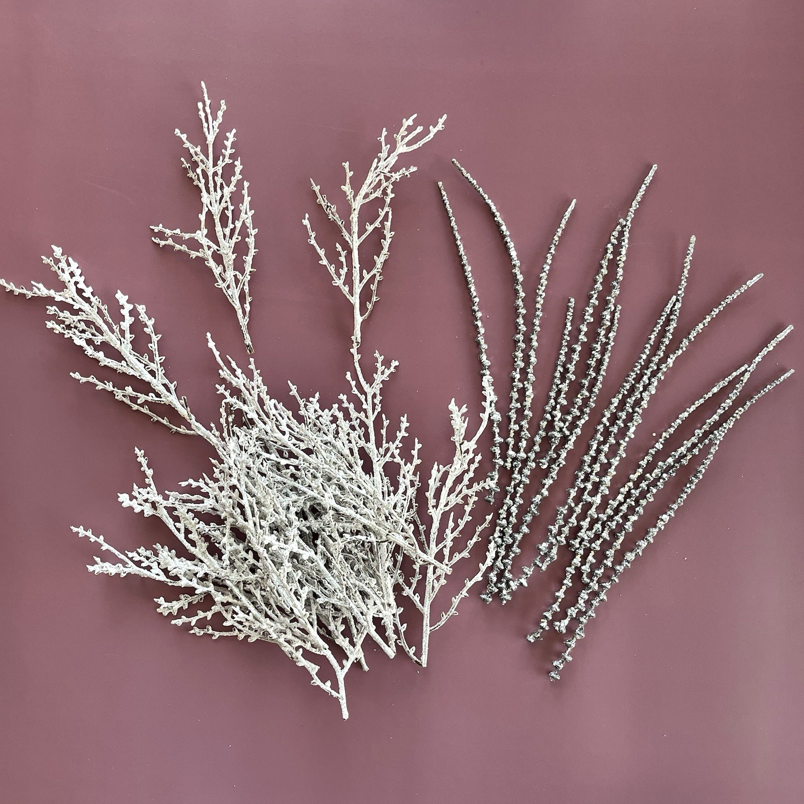 14 Silver Floral Picks Glitter Sparkle & 18 White Flocked Sparkle Twigs Sprigs