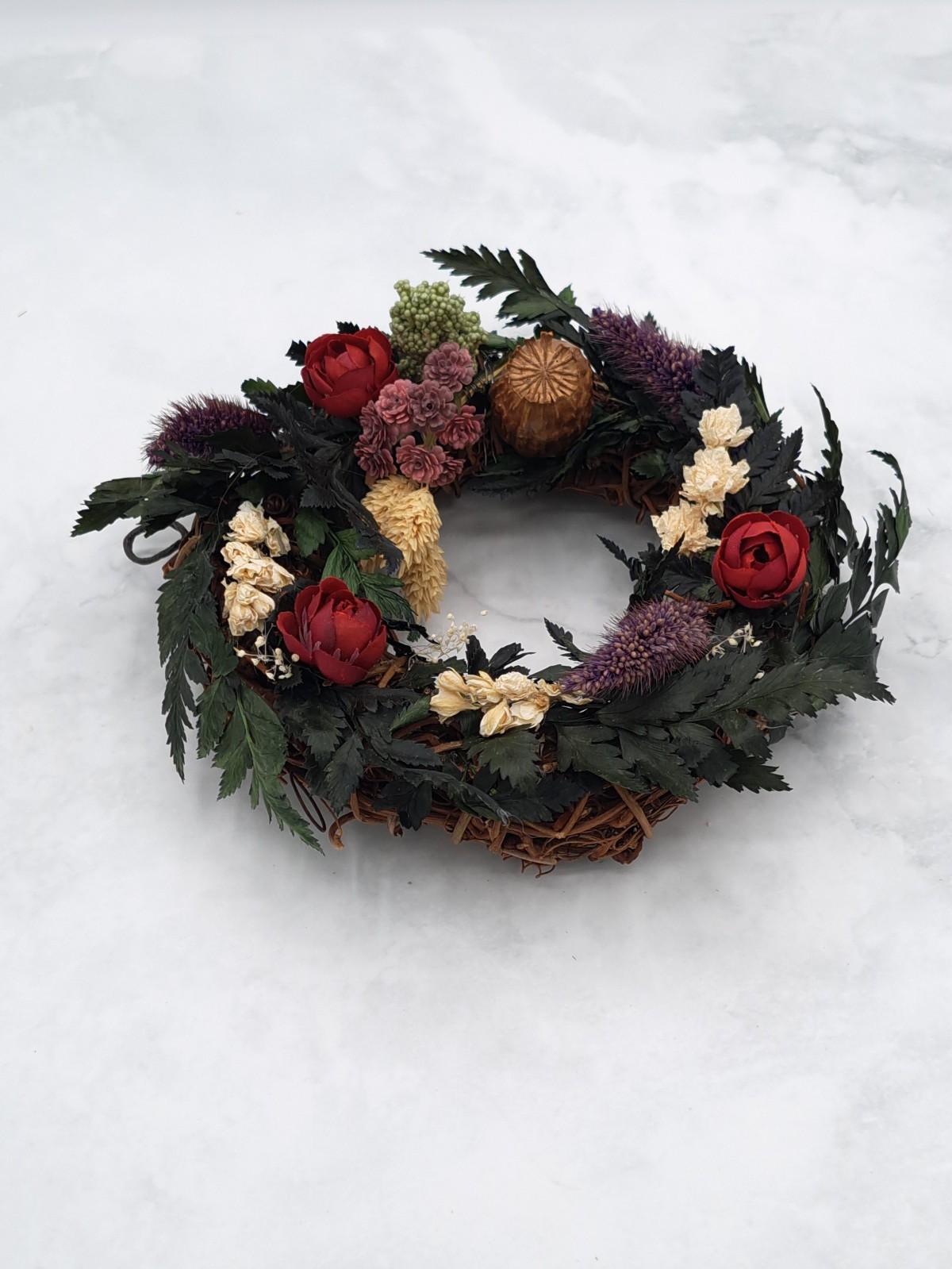 Handmade Leather Leaf Fern Grapevine Wreath Dried & Silk Flower Arrangement