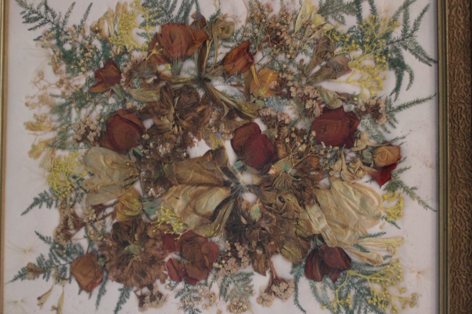 Vtg Framed Dried Pressed Flowers. Roses Ferns Baby’s Breath. Large 15.5 x 18.5!