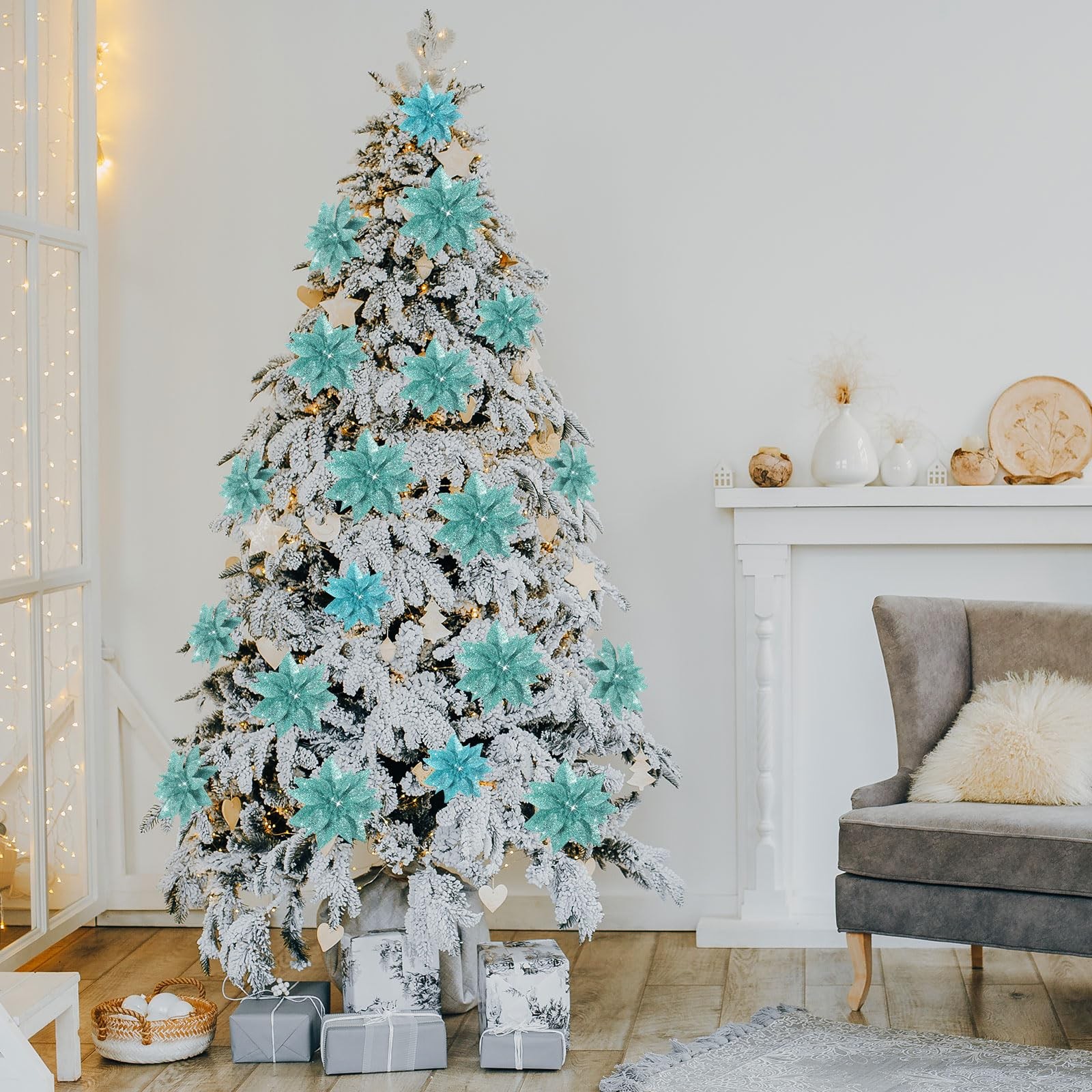 24 PCS Blue Green Glitter Poinsettia Clip-On Ornaments Christmas Tree Decor