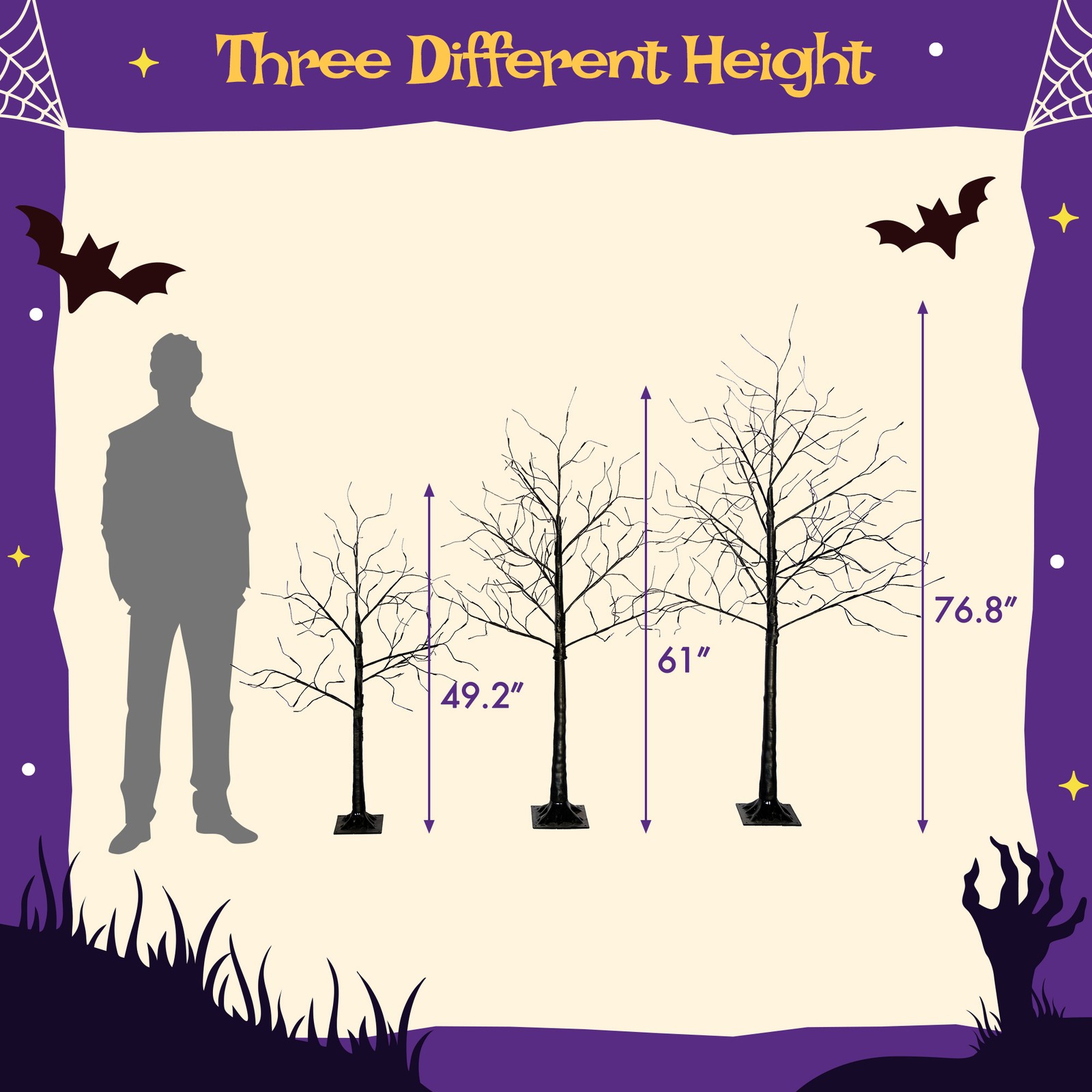 3 Pac Halloween Spooky Tree with Purple Lights, 4FT 5FT and 6FT, Lighted Tree