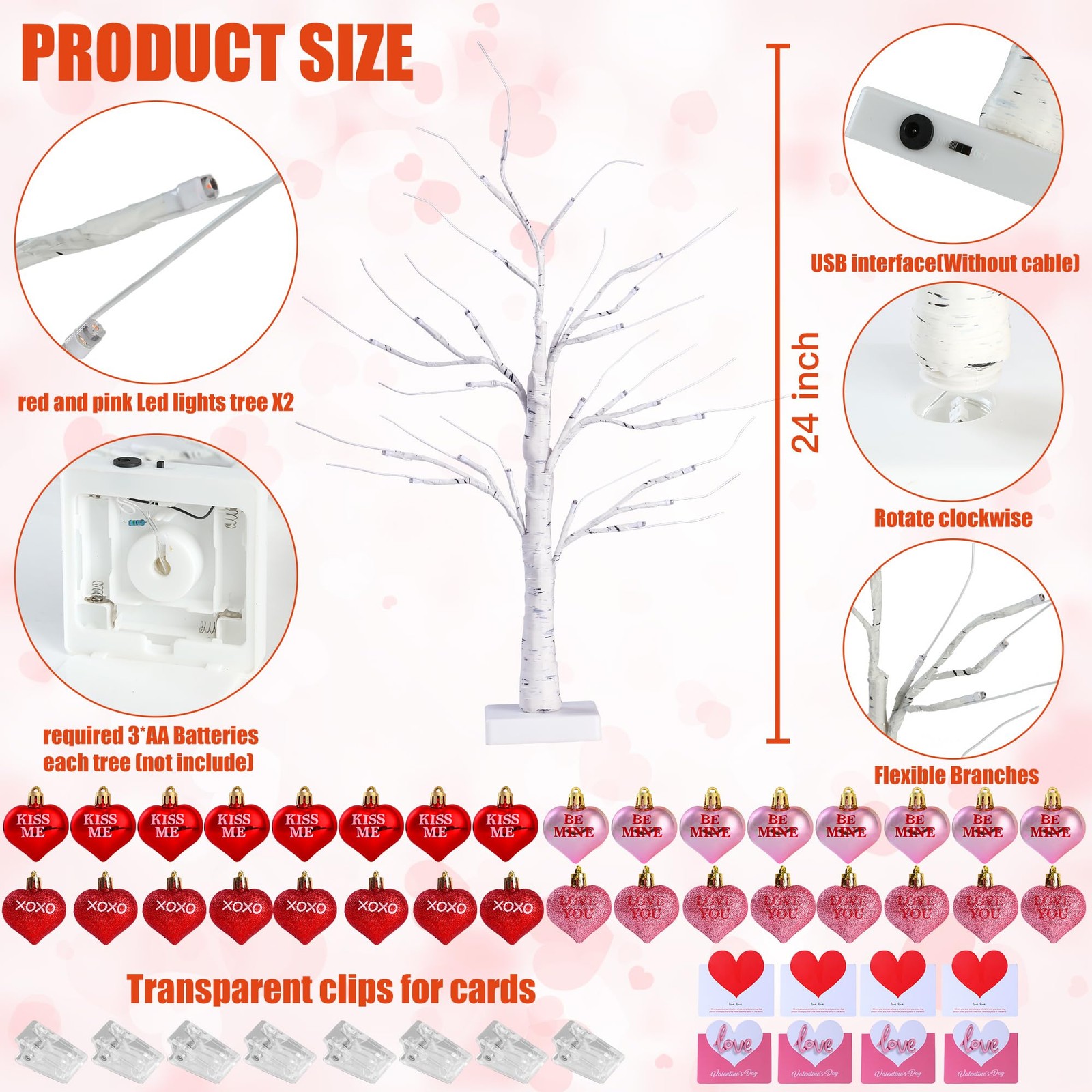 2 Pack Birch Trees with Heart Ornaments 24’’ Artificial Heart Table Tree Valenti