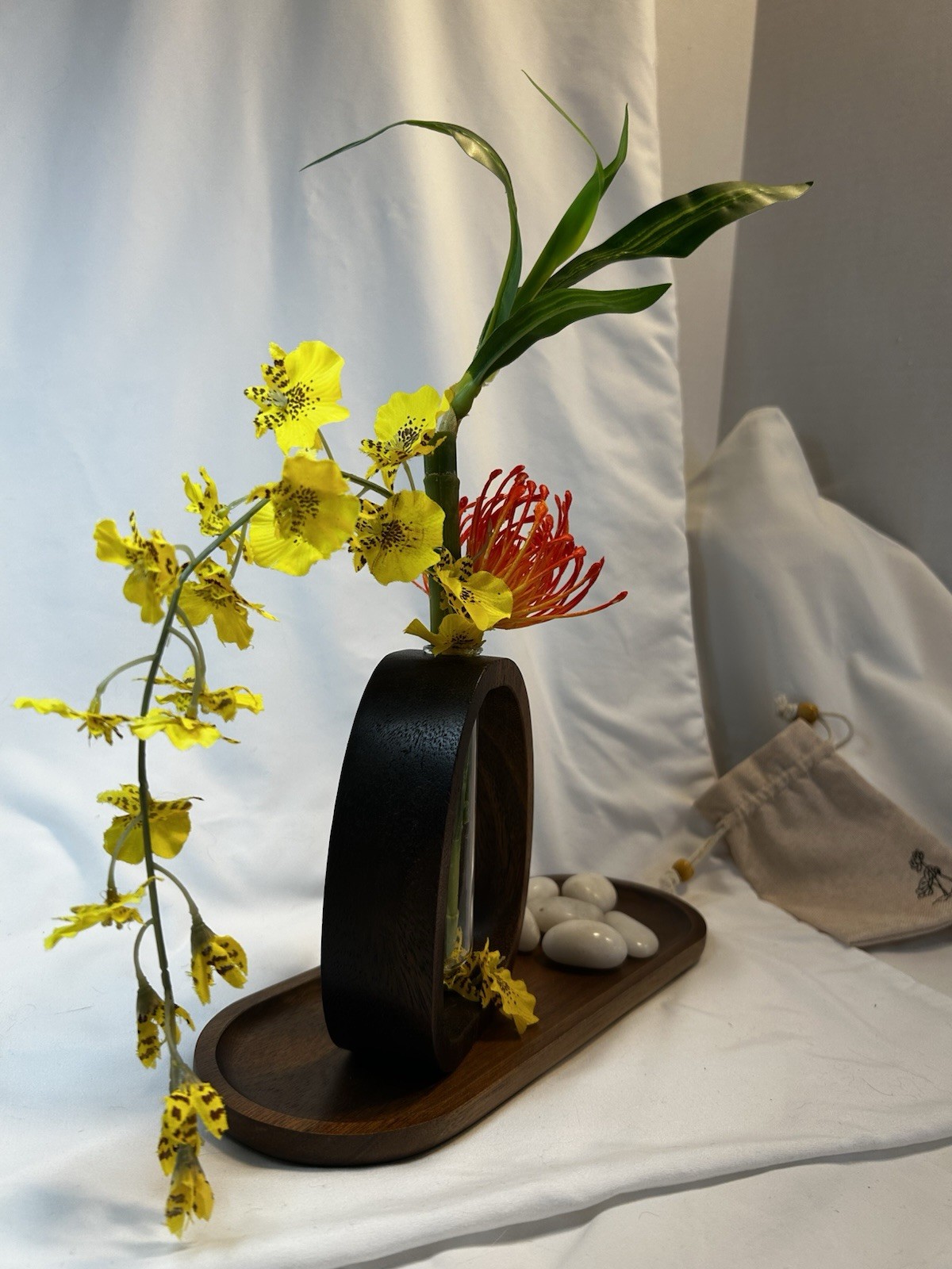 Silk Floral arrangement centerpiece, orchids, Bamboo Wood, Stones Asian Modern