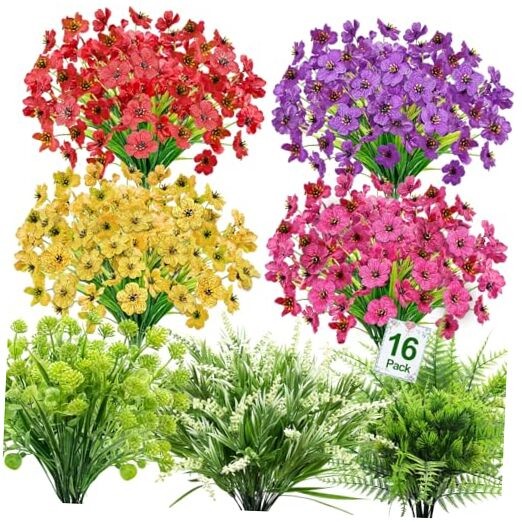 Artificial Flowers for Outdoors, UV Resistant No Fade 16 Bundles 7 Styles Fake