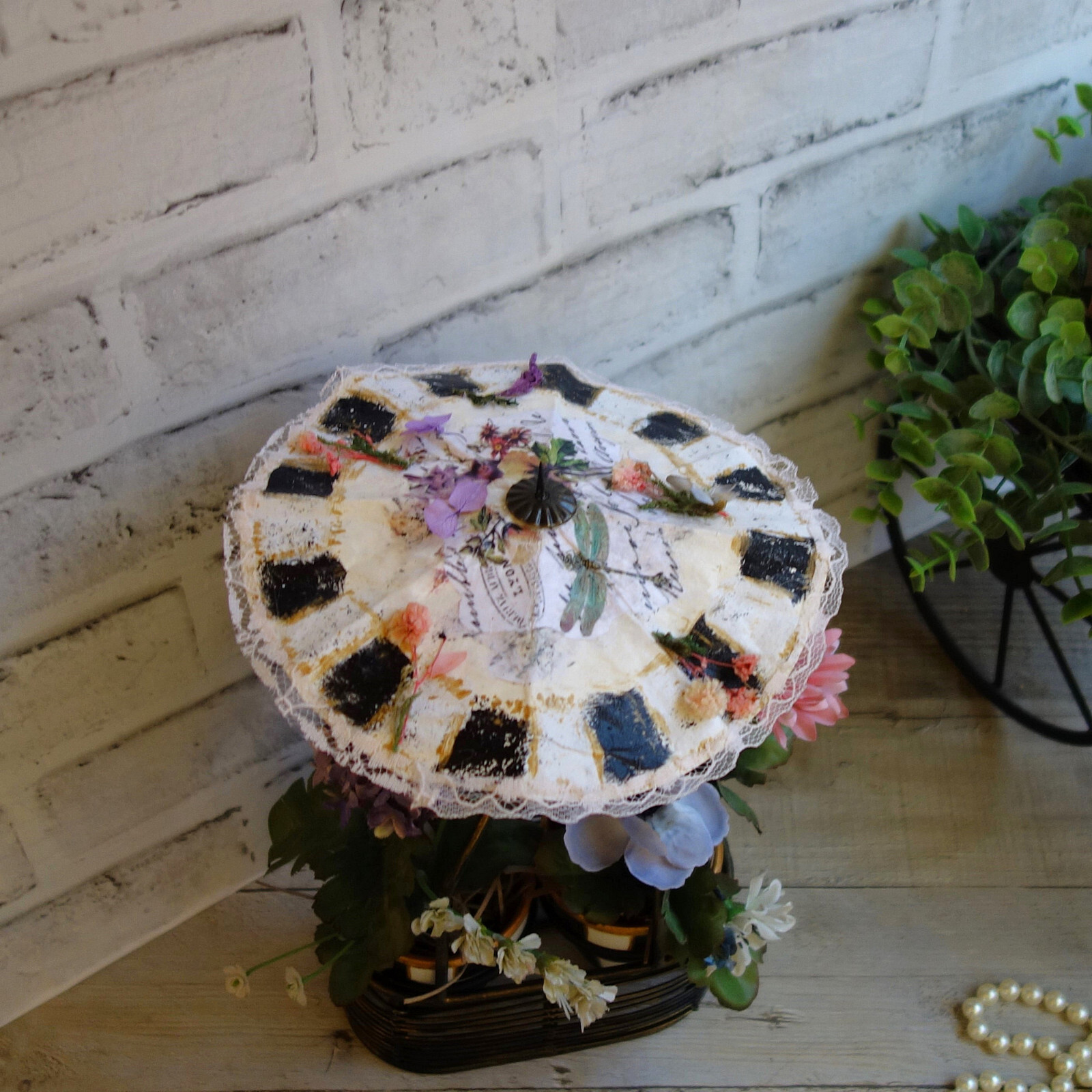 Black White Checked Flower Pot Floral Arrangement French Country Decor
