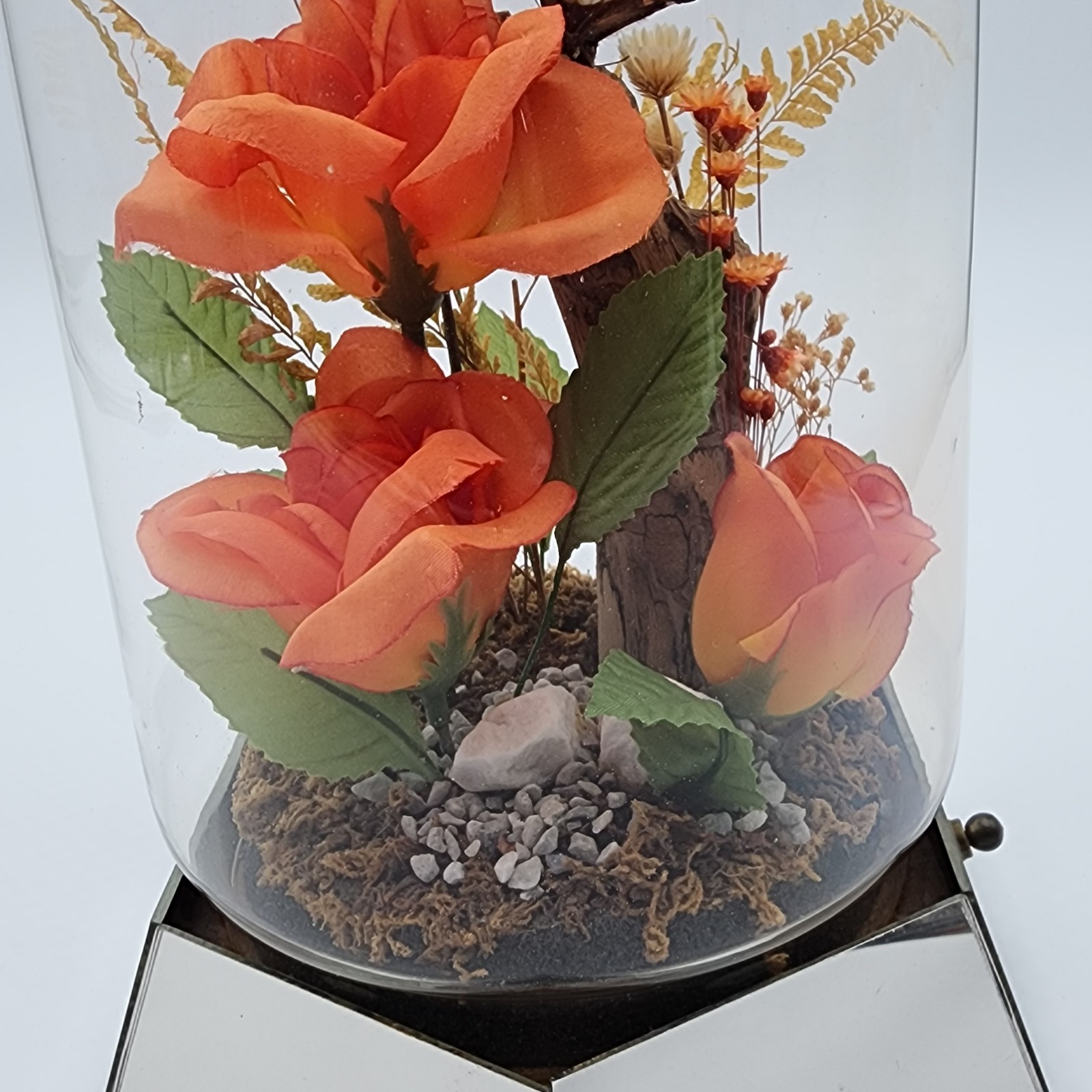 Vintage Glass Dome Floral Cloche with Butterfly Dried & Orange Faux Flowers