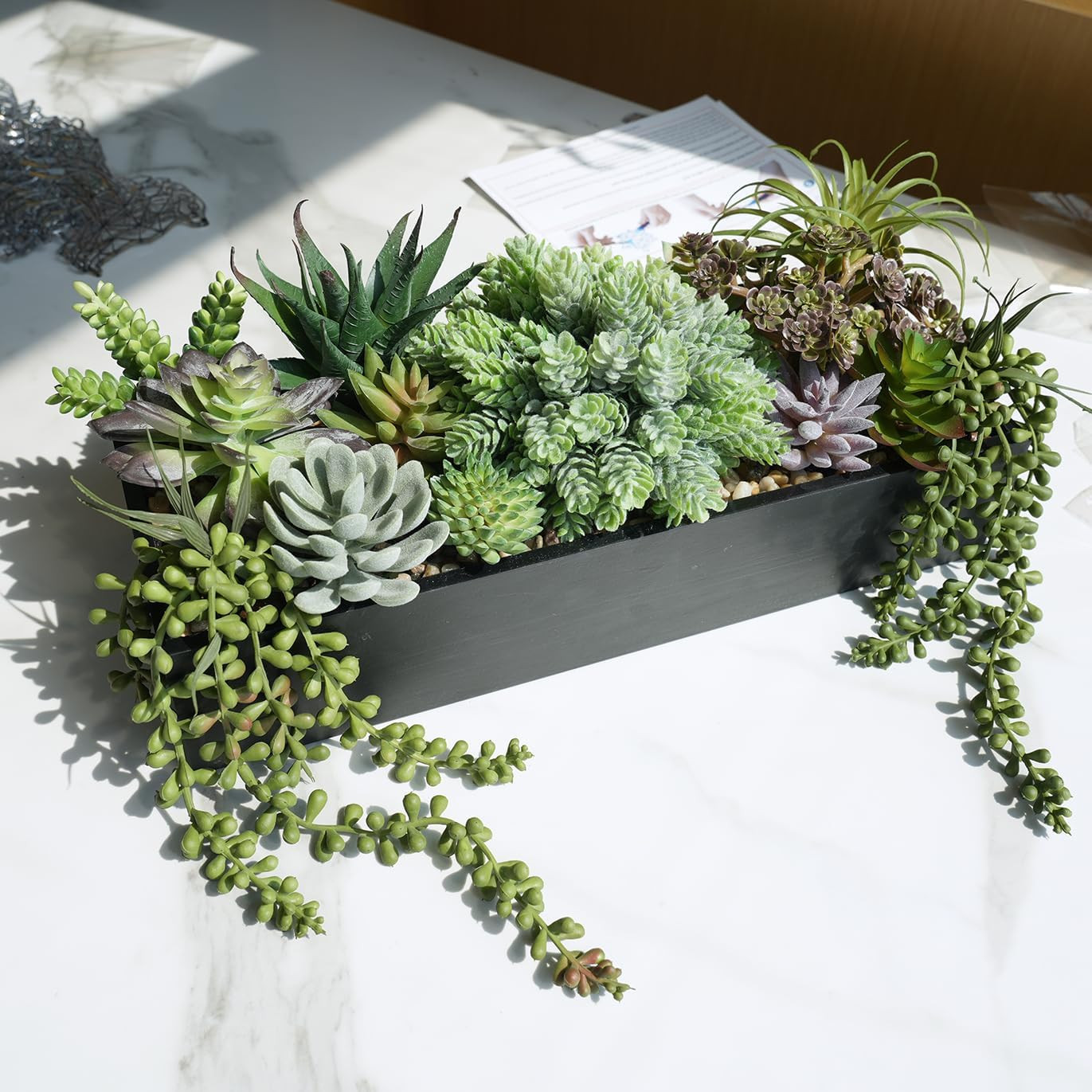 15″ Artificial Succulents Arrangement Faux Succulents in Rectangular Black Woode