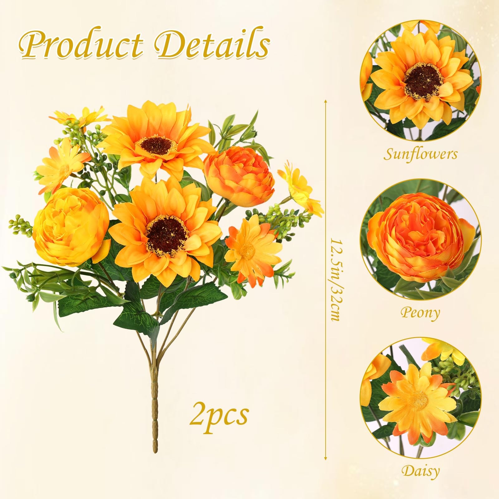 2 PCS Artificial Sunflower Peony Fake Flower Arrangement Vase Bouquet