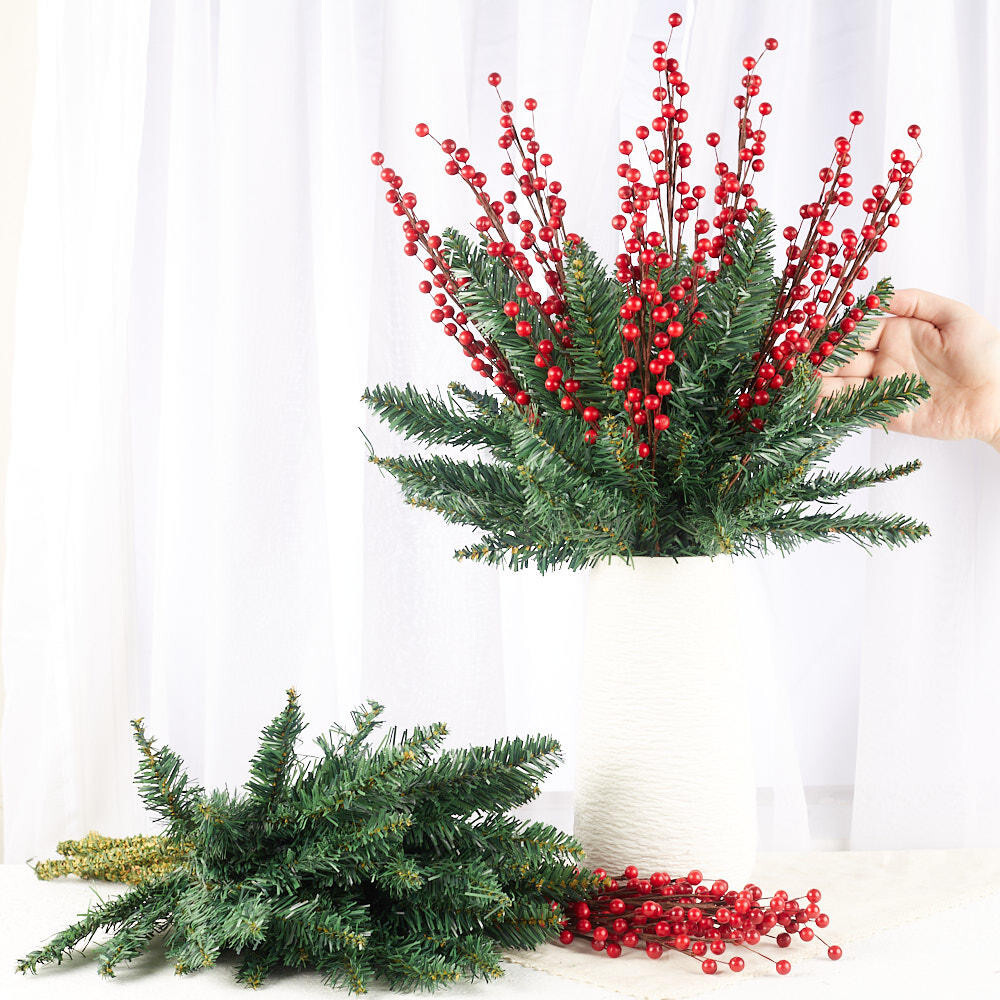 Package of 24 Artificial Red Berry 22″ Stems and 17″ Canadian Pine Picks