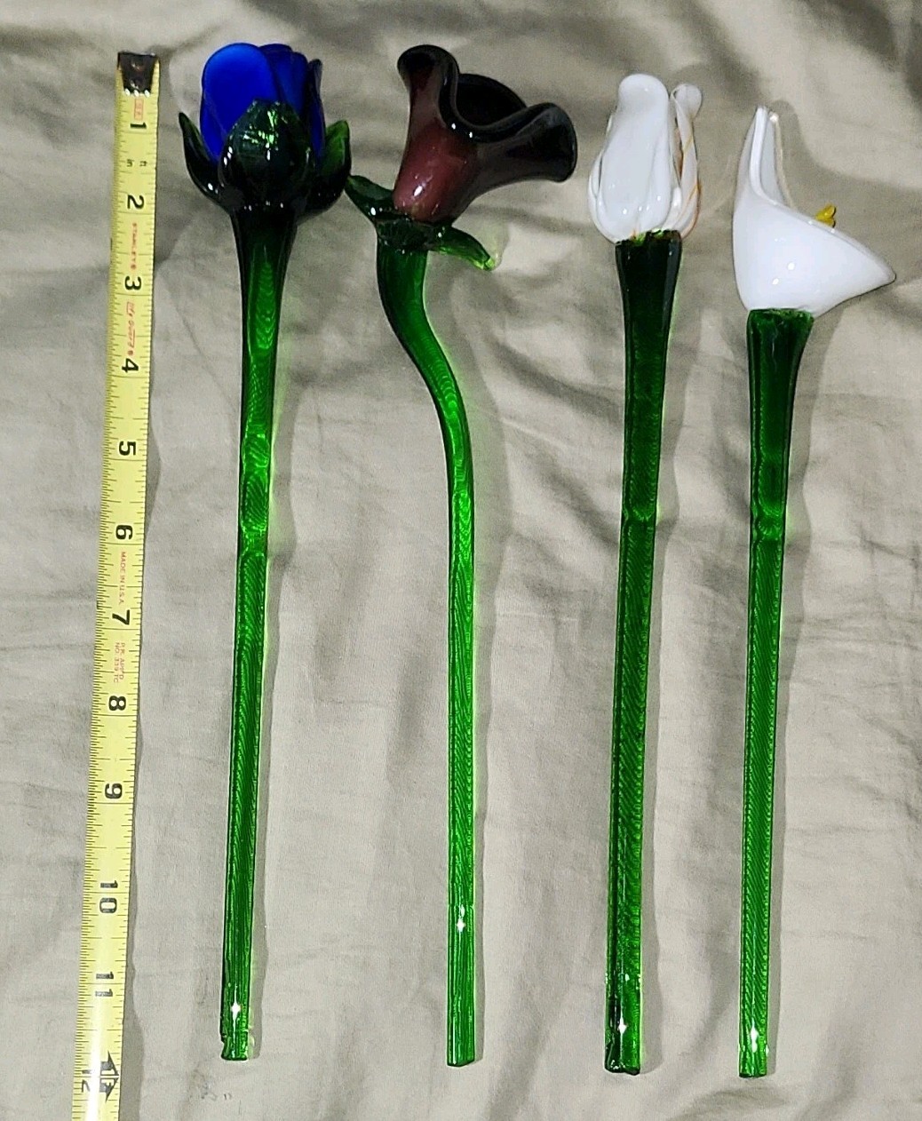 4pcs Hand Blown Glass Flower Stems Rose & Calla Lily Multicolor 12 in