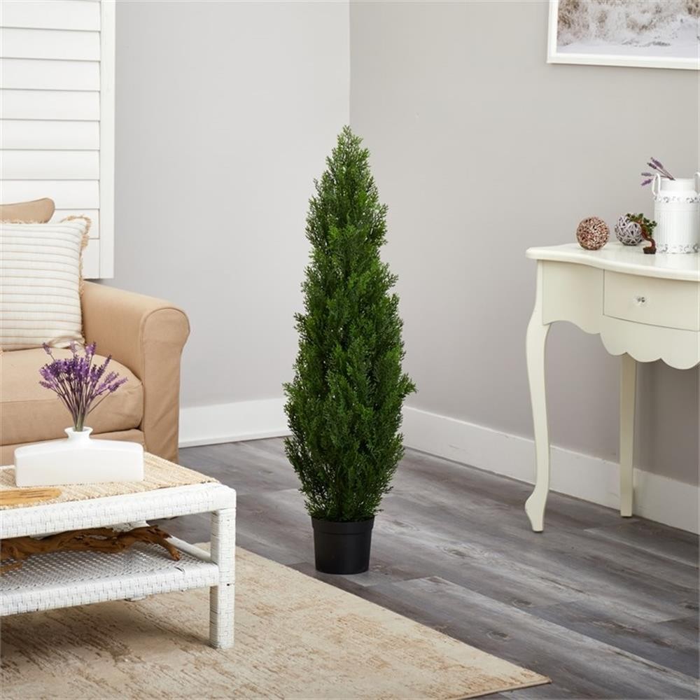 Pemberly Row Indoor/Outdoor 48″ Cedar Tree Silk Tree in Green/Green