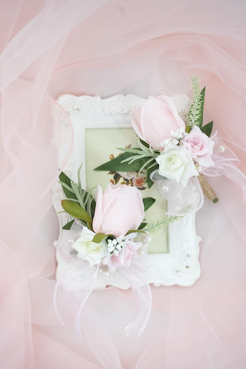 Pink Artificial Rose Flower Corsage and Boutonniere Set for Wedding Prom 1 PCS