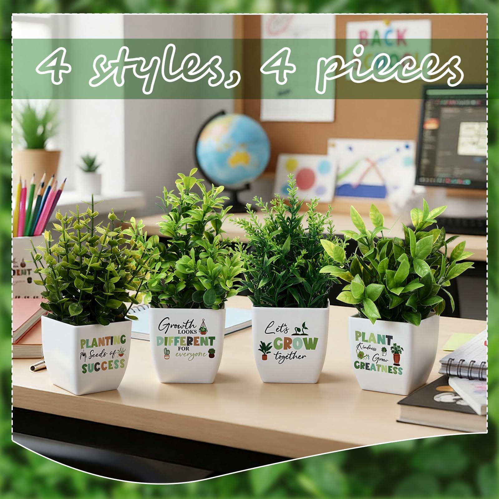 4 Pack Back to School Fake Plants Classroom Decor Mini Artificial Greenery Po…