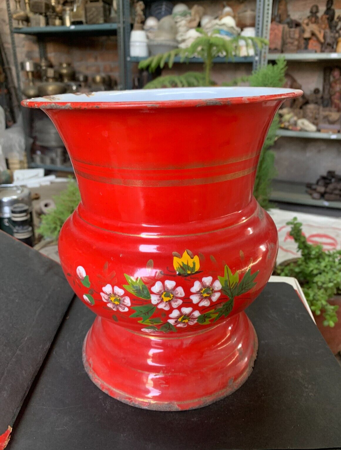 Vintage Hand Crafted Red Color Enamel Floral Leaf Design Painted Flower Vase Pot