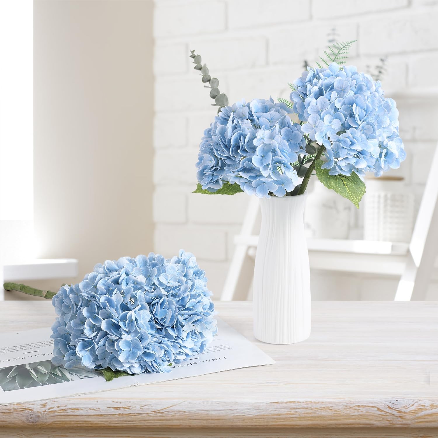 3pcs Baby Blue Lifelike Hydrangea Artificial Flowers 22inch Real Touch Faux H…