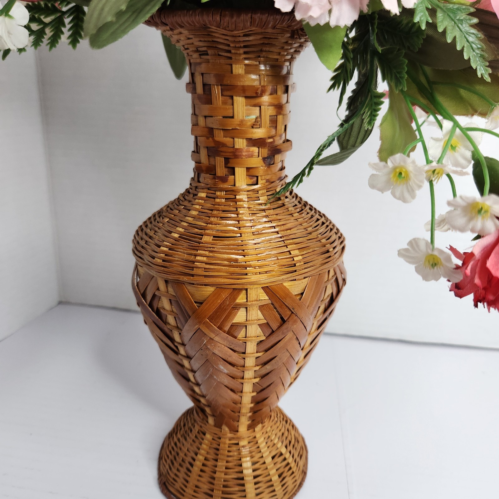 Vintage Woven Rattan Bamboo Vase w Faux Floral Arrangement Boho Cottage Decor