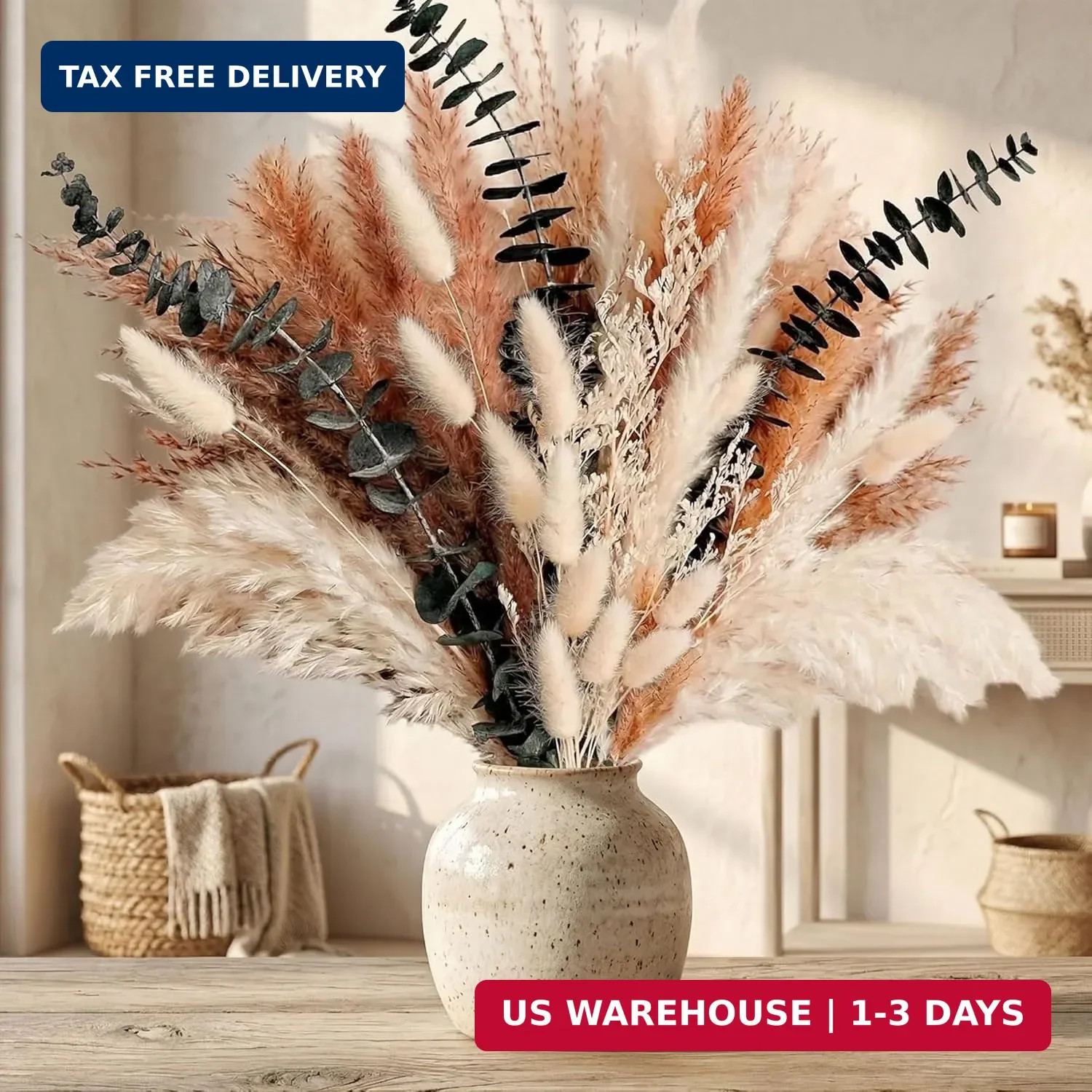 Dried Flower Bouquet – Pampas Grass, Bunny Tails, Olive Green Eucalyptus & Prese