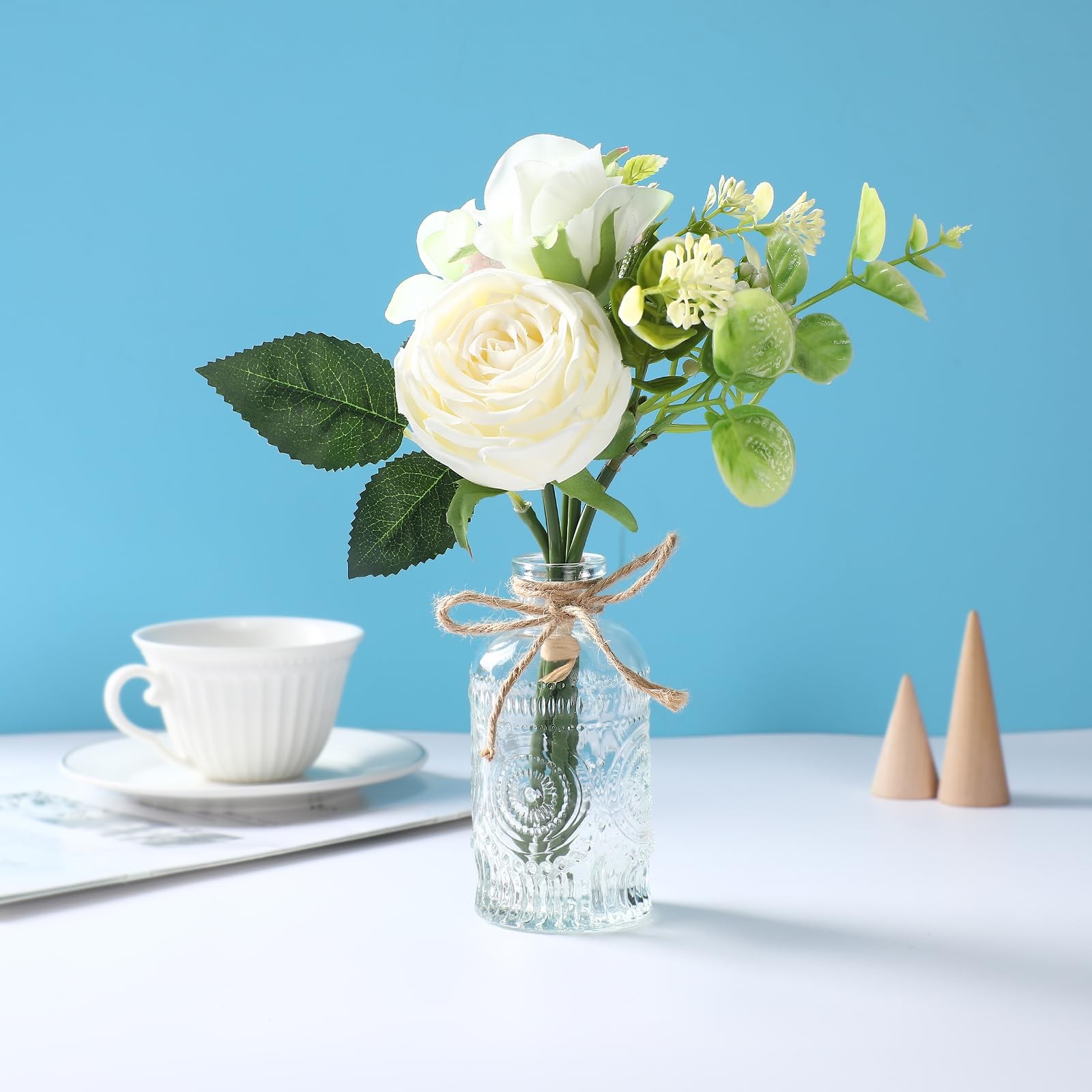 Faux White Silk Rose Flower Arrangement Small Vase Set Table Centerpiece Decor