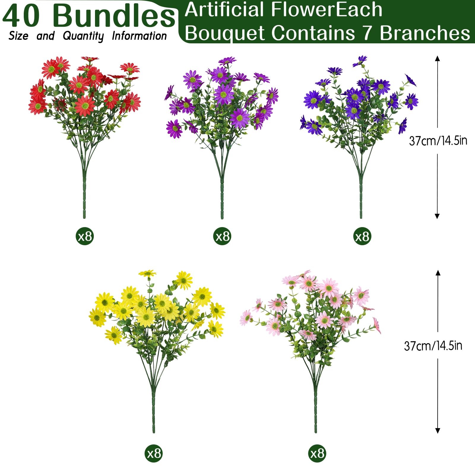 40 Bundles Artificial Daisies Flowers Fake Silk Plant for Indoor Outdoor Deco…