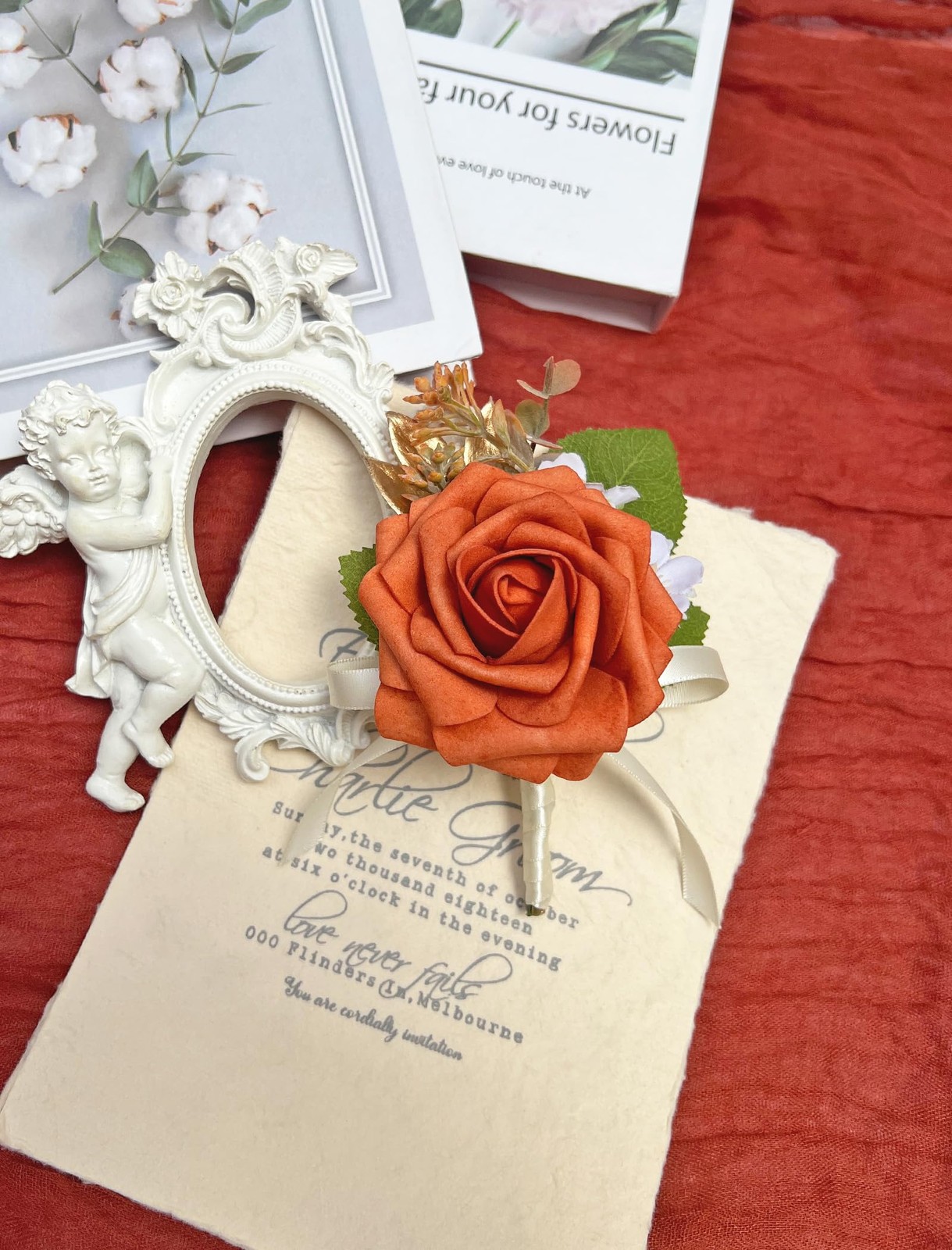 6 PCS Burnt Orange Rose Boutonniere Artificial Flower Men Wedding Groomsmen