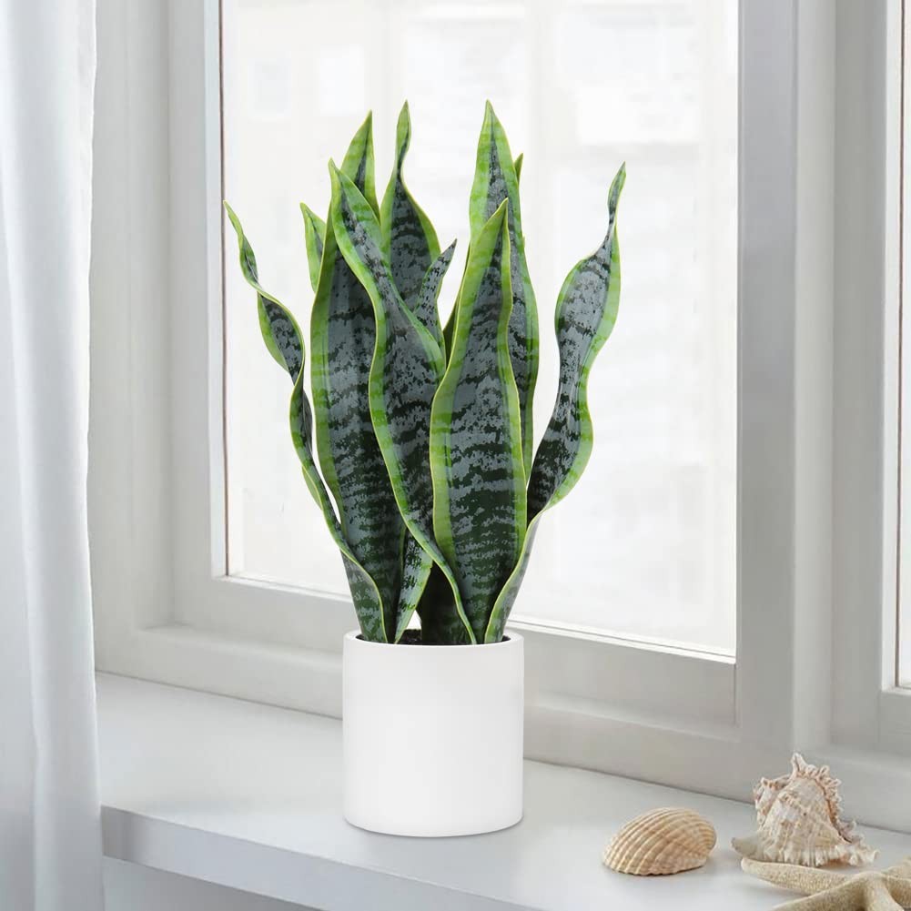 Briful Fake Snake Plant 16″ Faux Potted Plant Artificial Snake Plant with Whi…