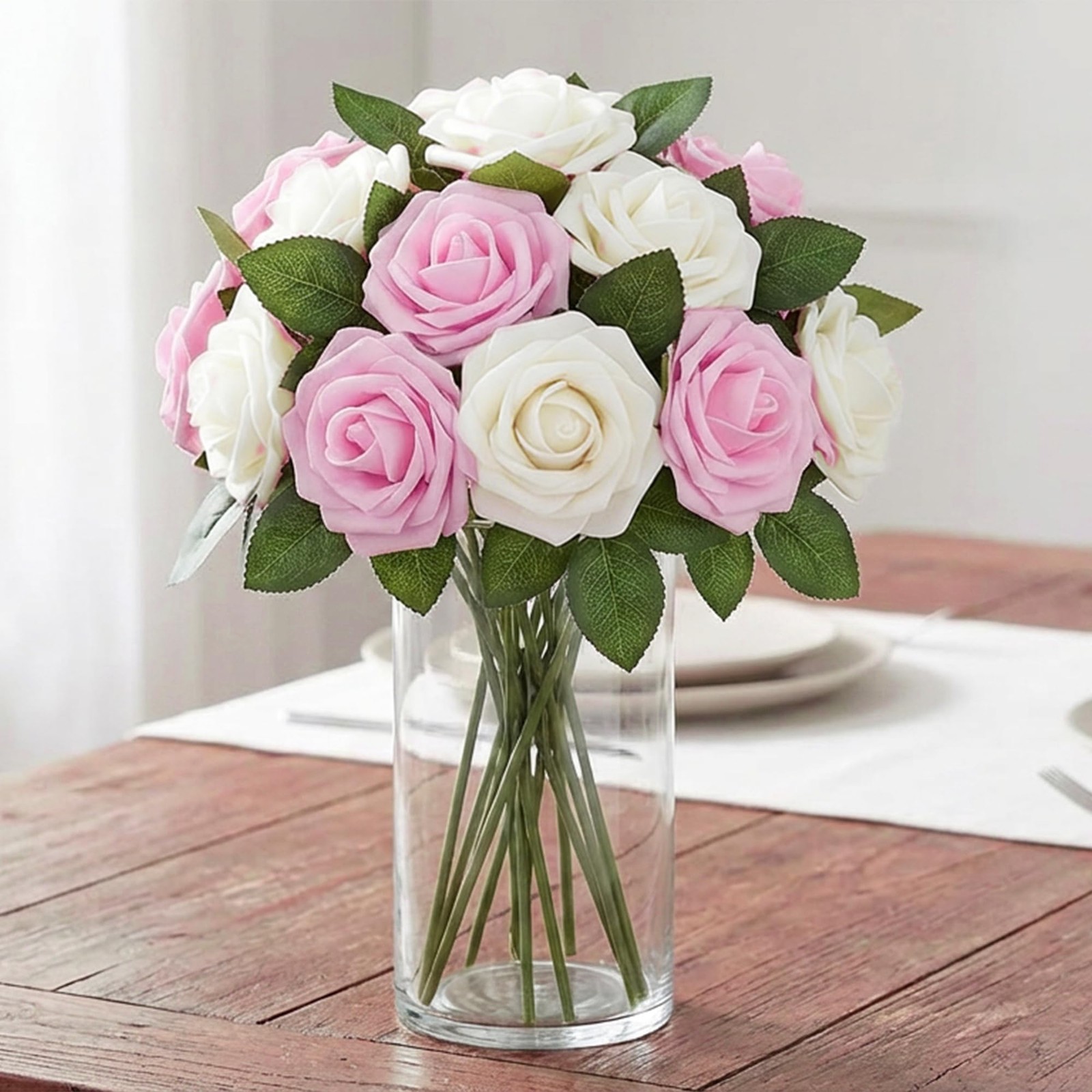 100 PCS Pink White Artificial Rose Flower Heads Foam Fake Roses Wedding DIY