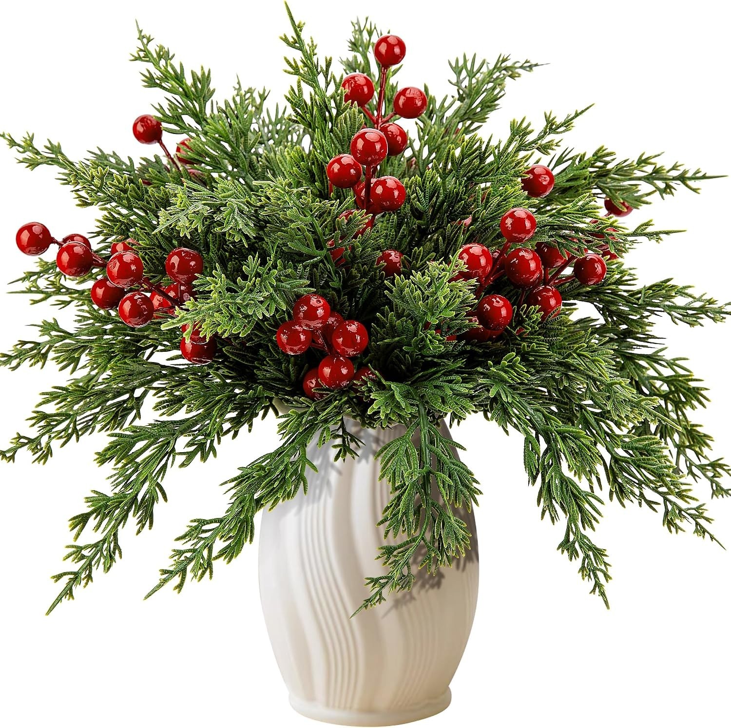 45 Pcs Christmas Artificial Pine Branch Stems with Red Berry Picks Decor