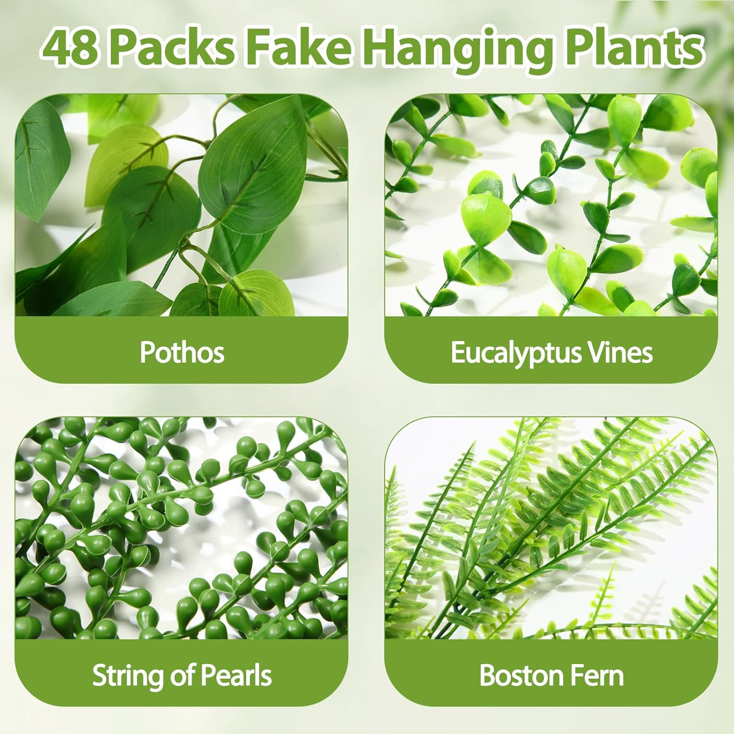 48 Pcs Fake Hanging Plants – Ferns, Ivy, Eucalyptus & More for Indoor/Outdoor De