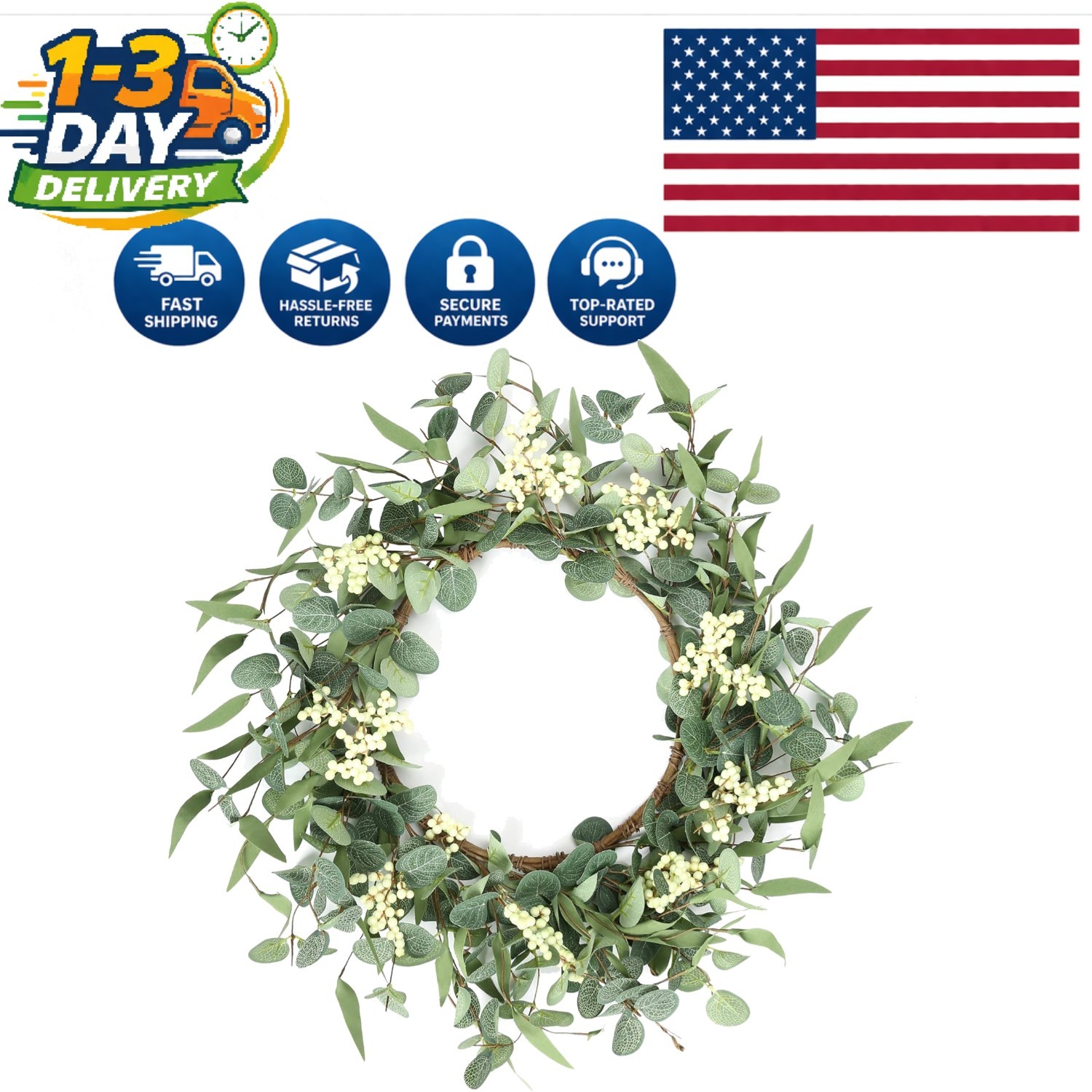 Durable Eucalyptus Wreath – Stunning 20″ Round Decorative Piece for Any Season